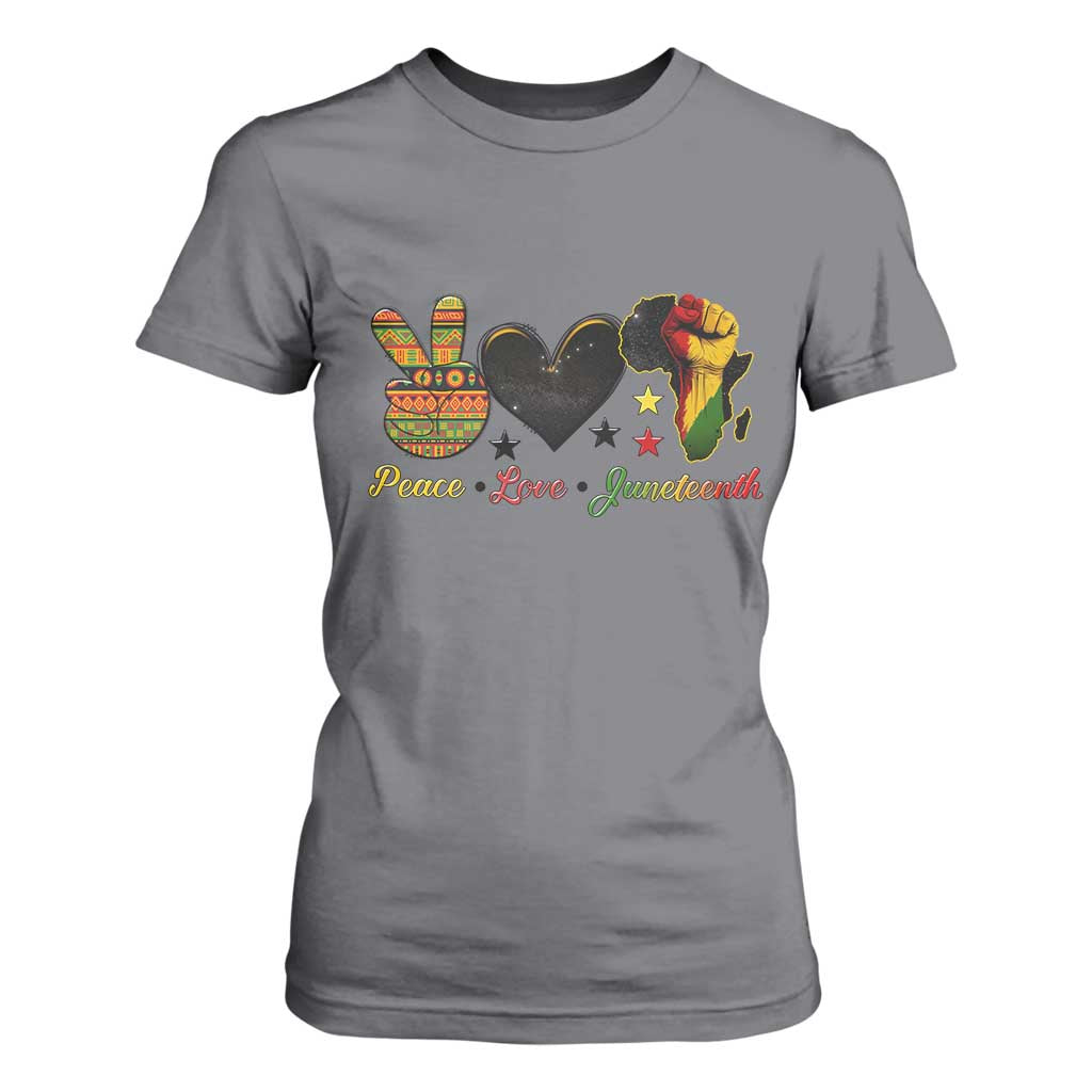Peace Love Juneteenth T Shirt For Women 1865 Heart Kente Peace Sign Africa Fist TS02 Charcoal Print Your Wear