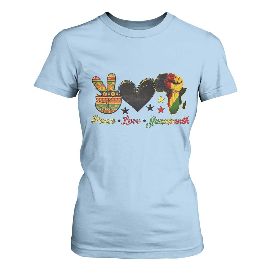 Peace Love Juneteenth T Shirt For Women 1865 Heart Kente Peace Sign Africa Fist TS02 Light Blue Print Your Wear