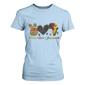 Peace Love Juneteenth T Shirt For Women 1865 Heart Kente Peace Sign Africa Fist TS02 Light Blue Print Your Wear