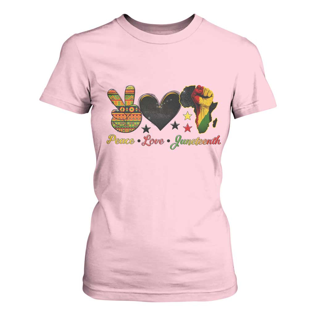 Peace Love Juneteenth T Shirt For Women 1865 Heart Kente Peace Sign Africa Fist TS02 Light Pink Print Your Wear