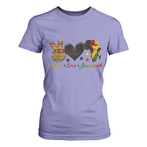 Peace Love Juneteenth T Shirt For Women 1865 Heart Kente Peace Sign Africa Fist TS02 Violet Print Your Wear