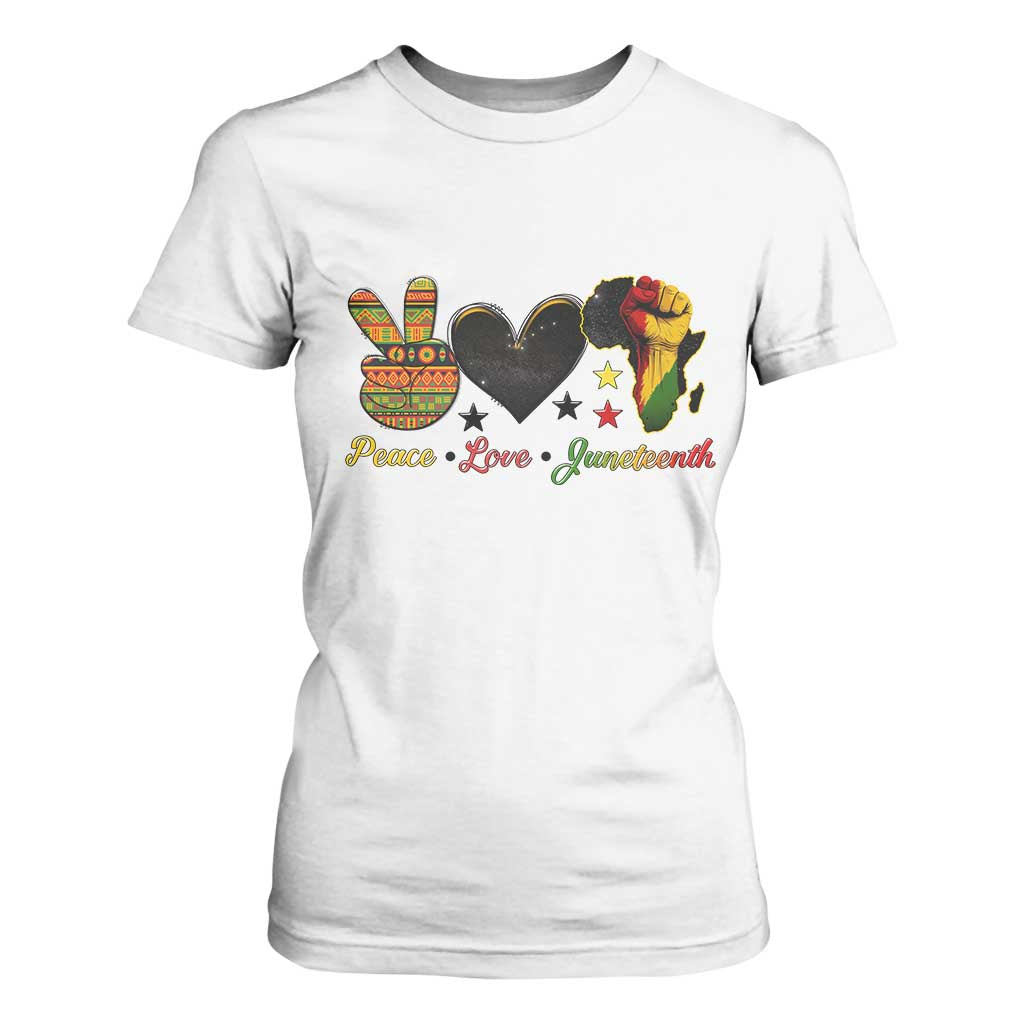 Peace Love Juneteenth T Shirt For Women 1865 Heart Kente Peace Sign Africa Fist TS02 White Print Your Wear