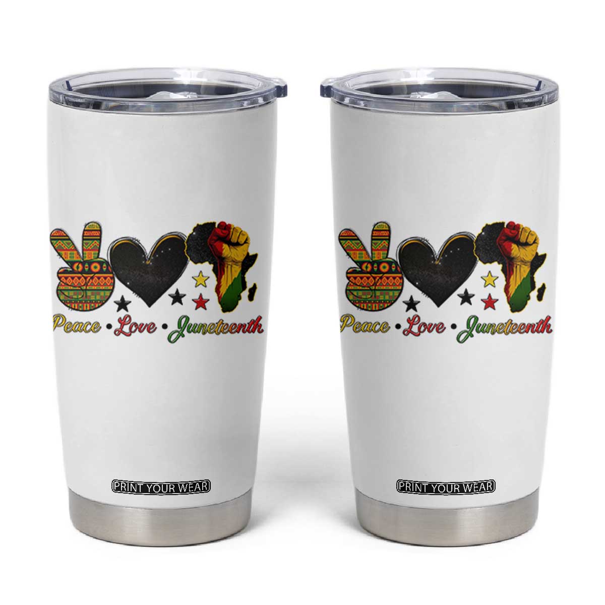 Peace Love Juneteenth Tumbler Cup 1865 Heart Kente Peace Sign Africa Fist TS02 White Print Your Wear
