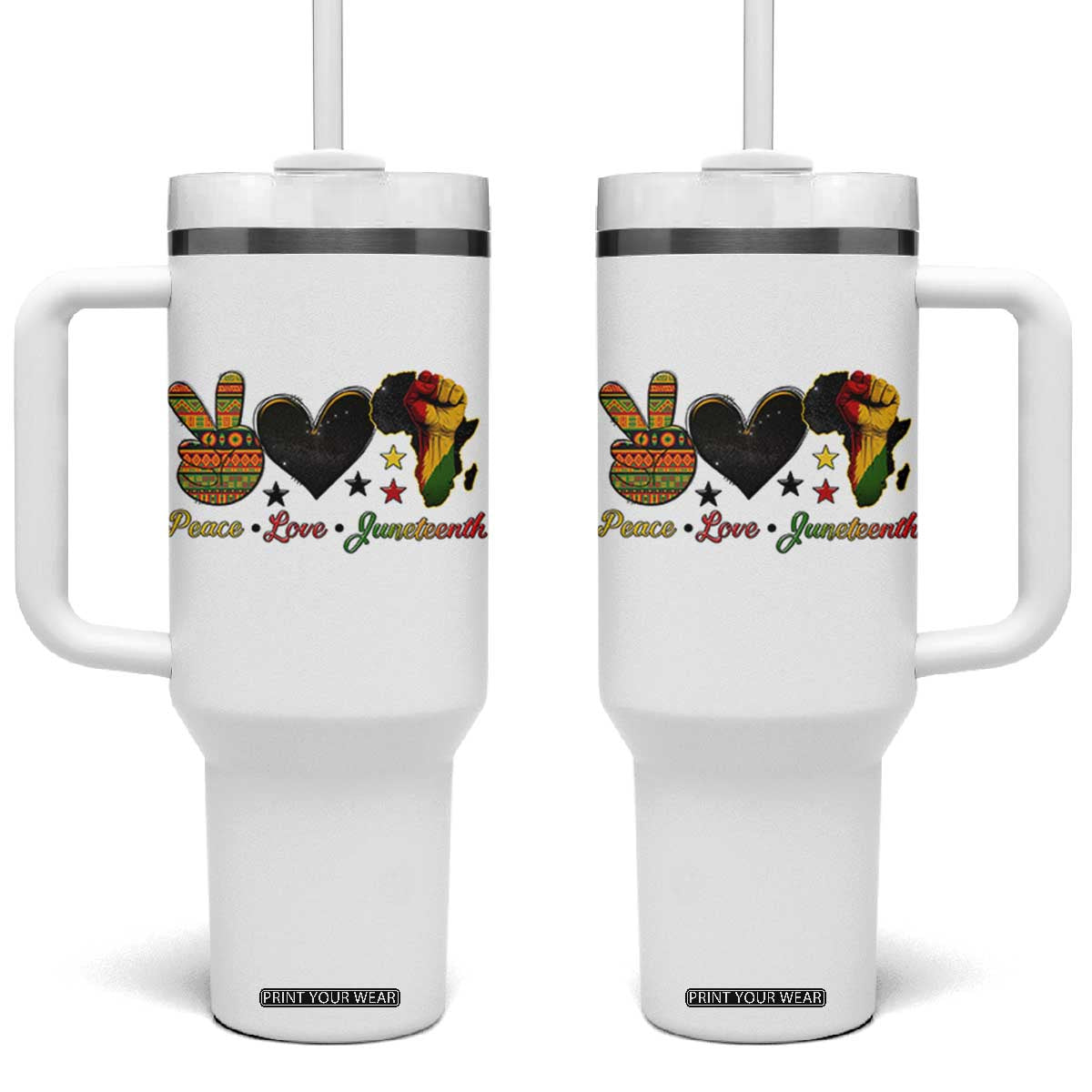 Peace Love Juneteenth Tumbler With Handle 1865 Heart Kente Peace Sign Africa Fist TS02 One Size: 40 oz White Print Your Wear