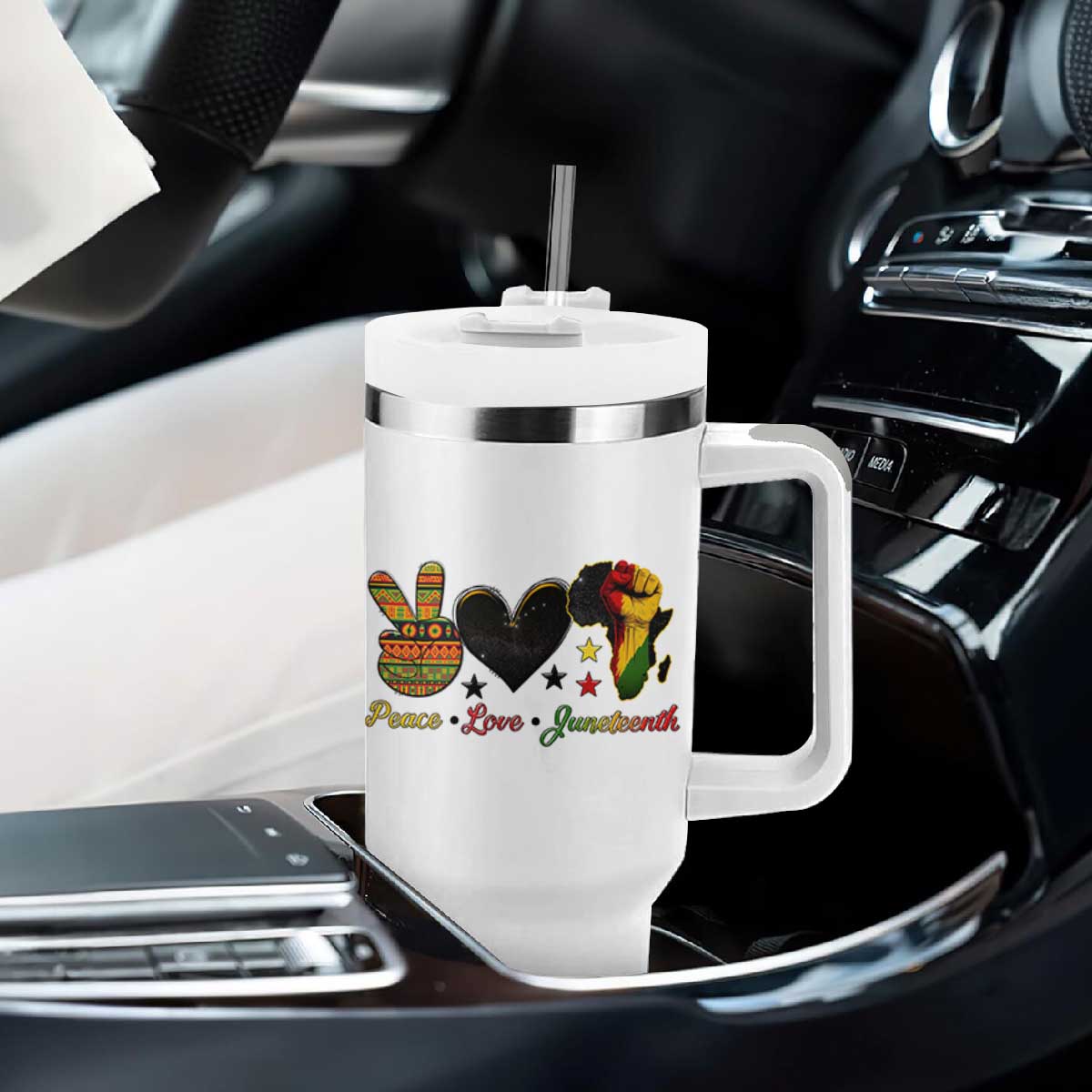 Peace Love Juneteenth Tumbler With Handle 1865 Heart Kente Peace Sign Africa Fist TS02 Print Your Wear