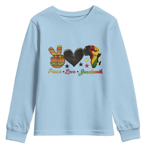 Peace Love Juneteenth Youth Sweatshirt 1865 Heart Kente Peace Sign Africa Fist TS02 Light Blue Print Your Wear