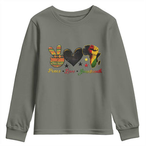 Peace Love Juneteenth Youth Sweatshirt 1865 Heart Kente Peace Sign Africa Fist TS02 Military Green Print Your Wear