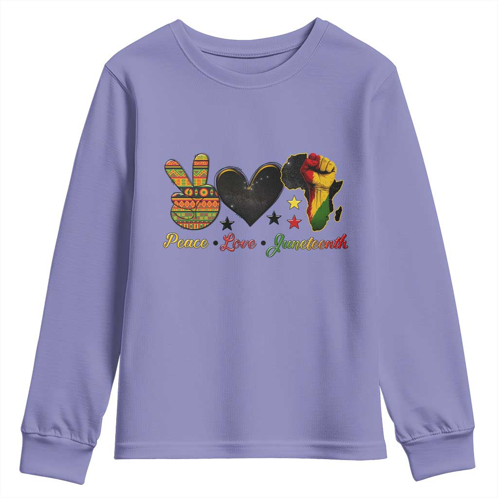 Peace Love Juneteenth Youth Sweatshirt 1865 Heart Kente Peace Sign Africa Fist TS02 Violet Print Your Wear