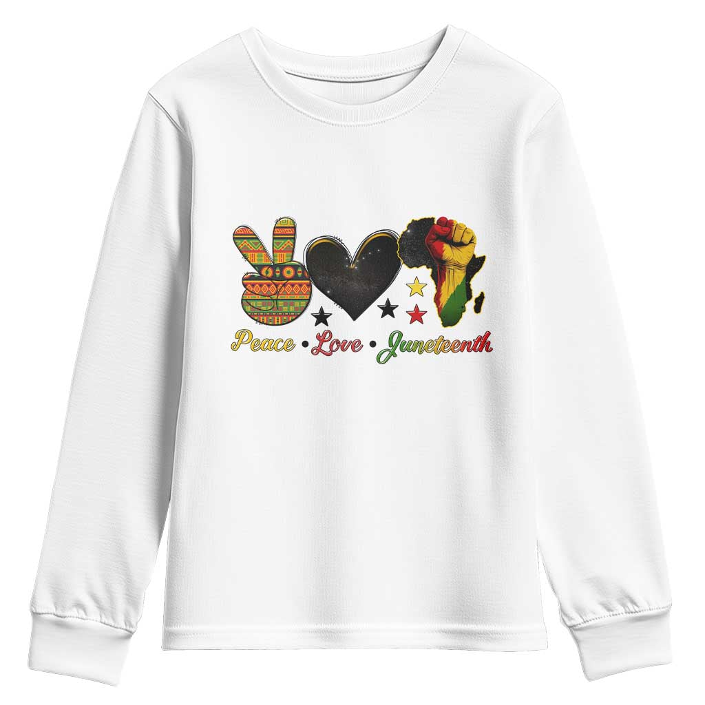Peace Love Juneteenth Youth Sweatshirt 1865 Heart Kente Peace Sign Africa Fist TS02 White Print Your Wear