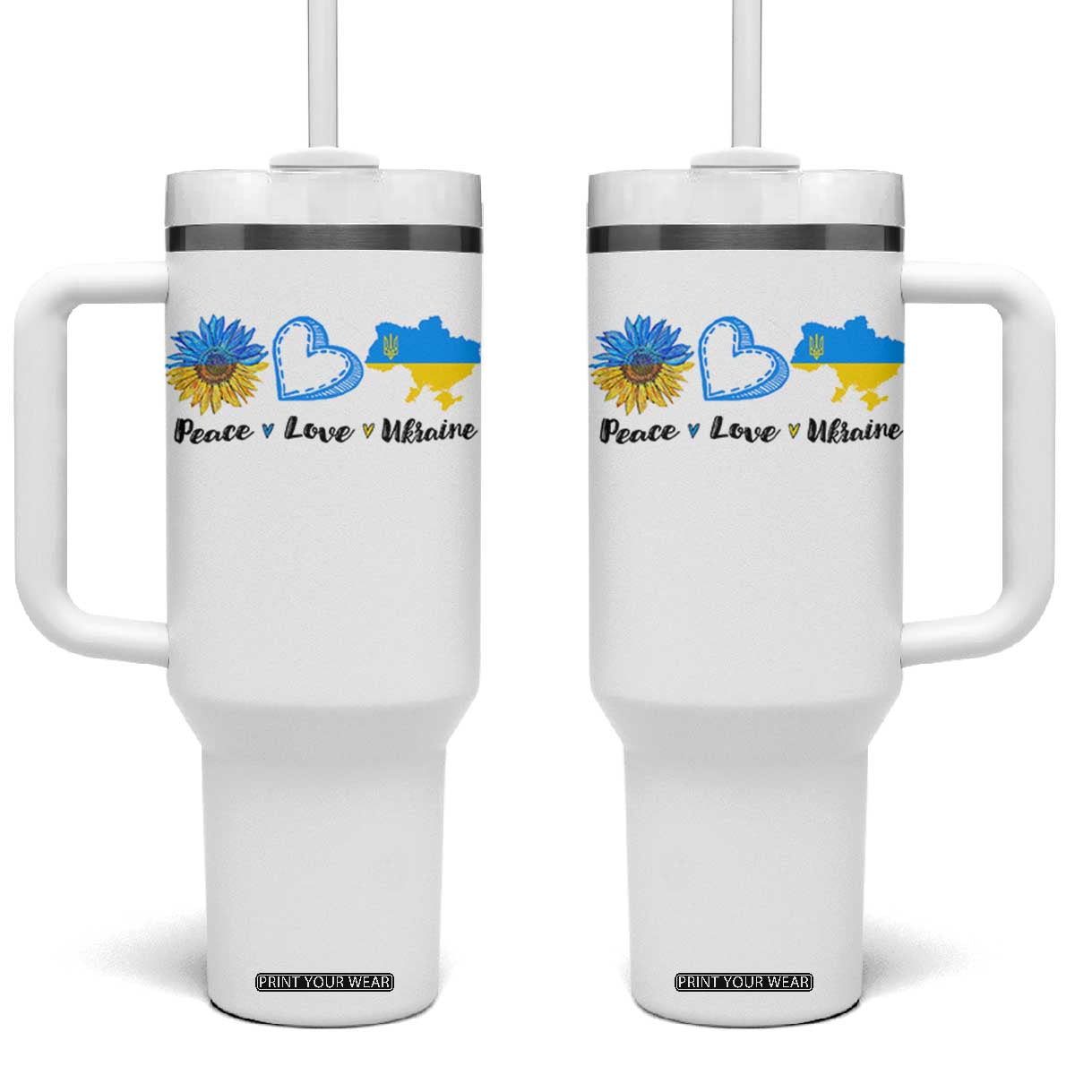 Peace Love Ukraine Sunflower Flag Tumbler With Handle TS10 One Size: 40 oz White Print Your Wear
