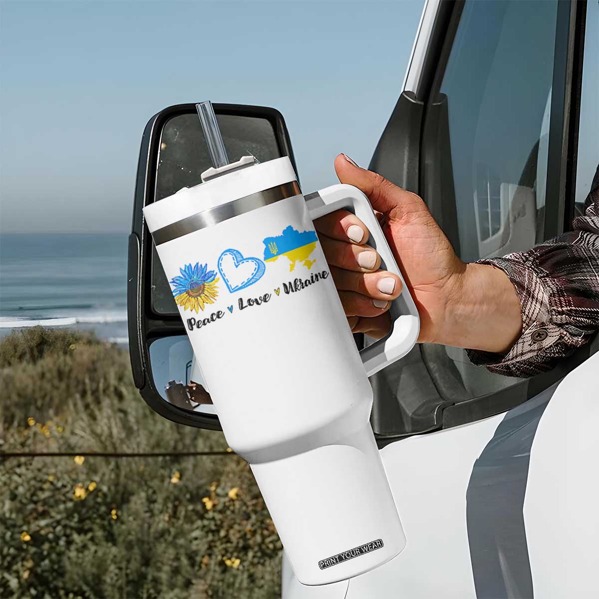 Peace Love Ukraine Sunflower Flag Tumbler With Handle TS10 Print Your Wear