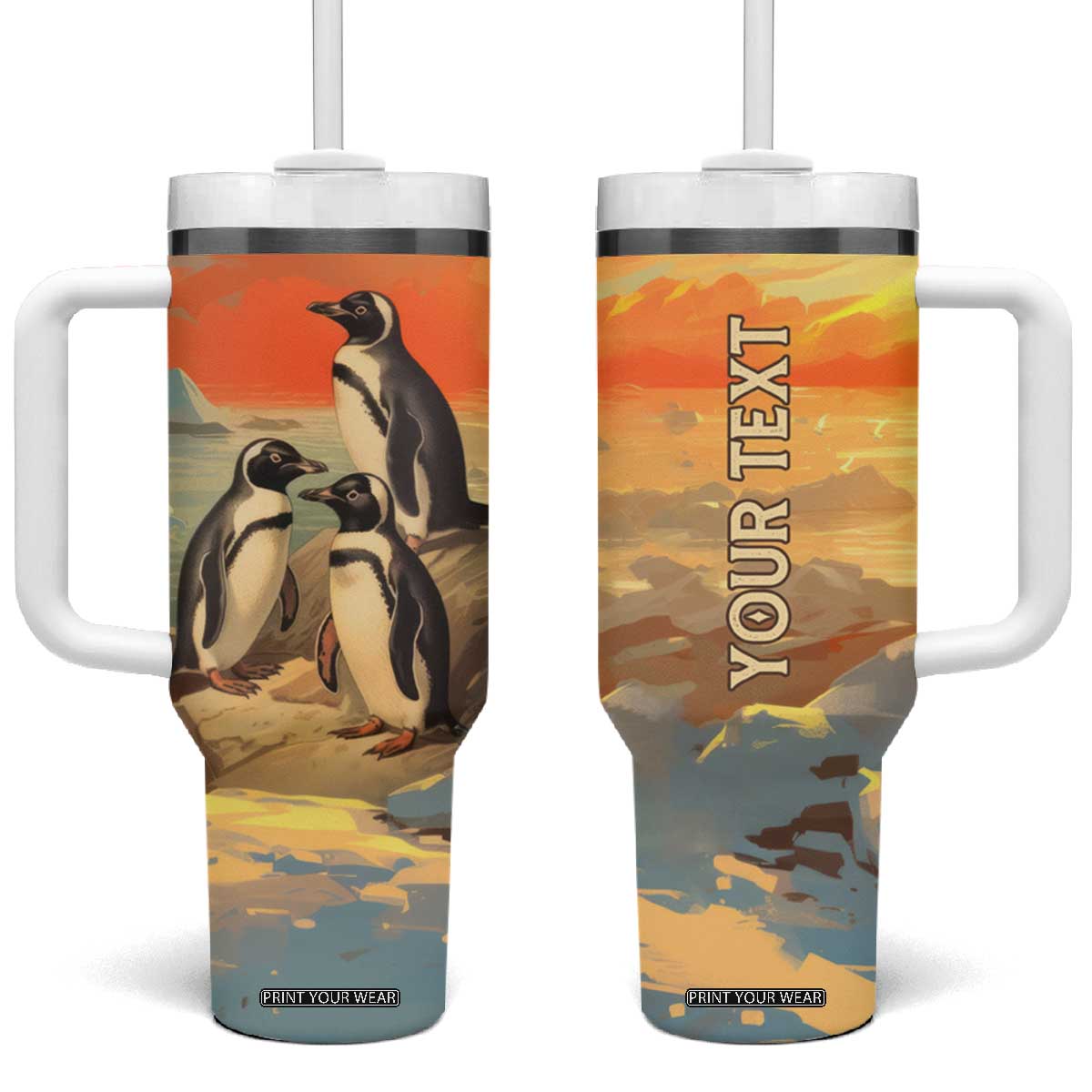 Personalized Antique Penguins Tumbler With Handle with Vintage Style Illustration TS04 One Size: 40 oz Multicolor Print Your Wear