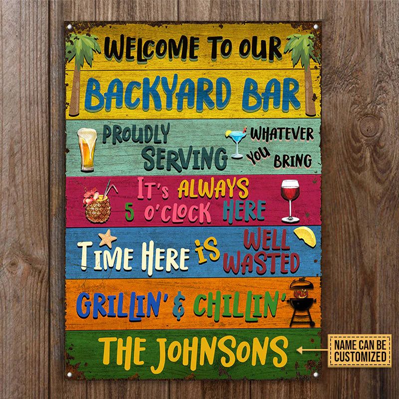 Personalized Metal Sign Backyard Bar Welcome To Our CTM00 One Size 24x18 inch (60.96x45.72 cm) Custom - Printyourwear