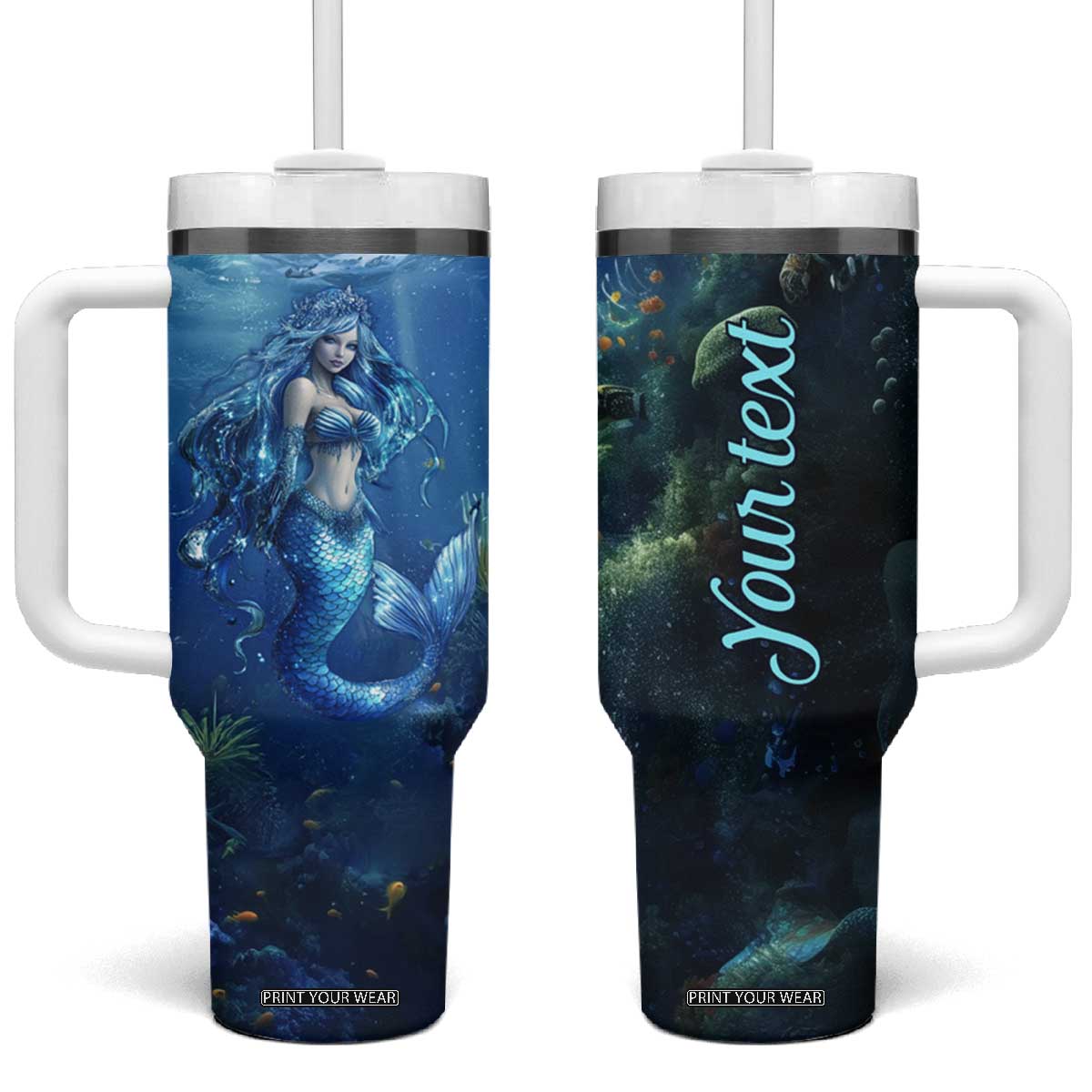 Personalized Blue Mermaid Tumbler With Handle with Oceanic Fantasy Design TS04 One Size: 40 oz Multicolor Print Your Wear