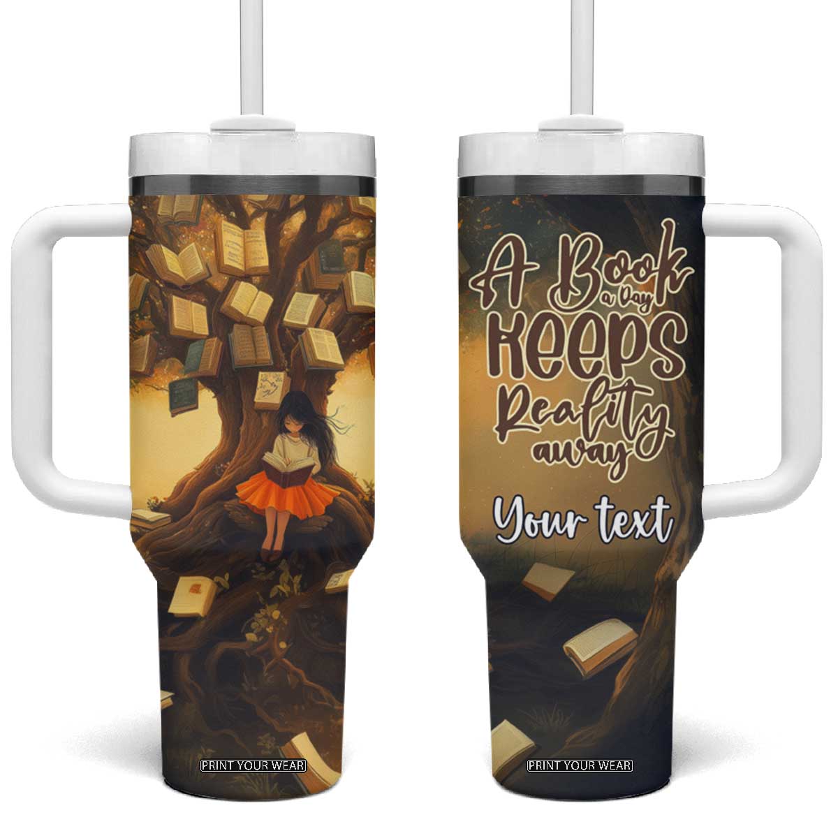Personalized Book Tumbler With Handle Quote A Book A Day Keeps Reality Away Design TS04 One Size: 40 oz Multicolor Print Your Wear