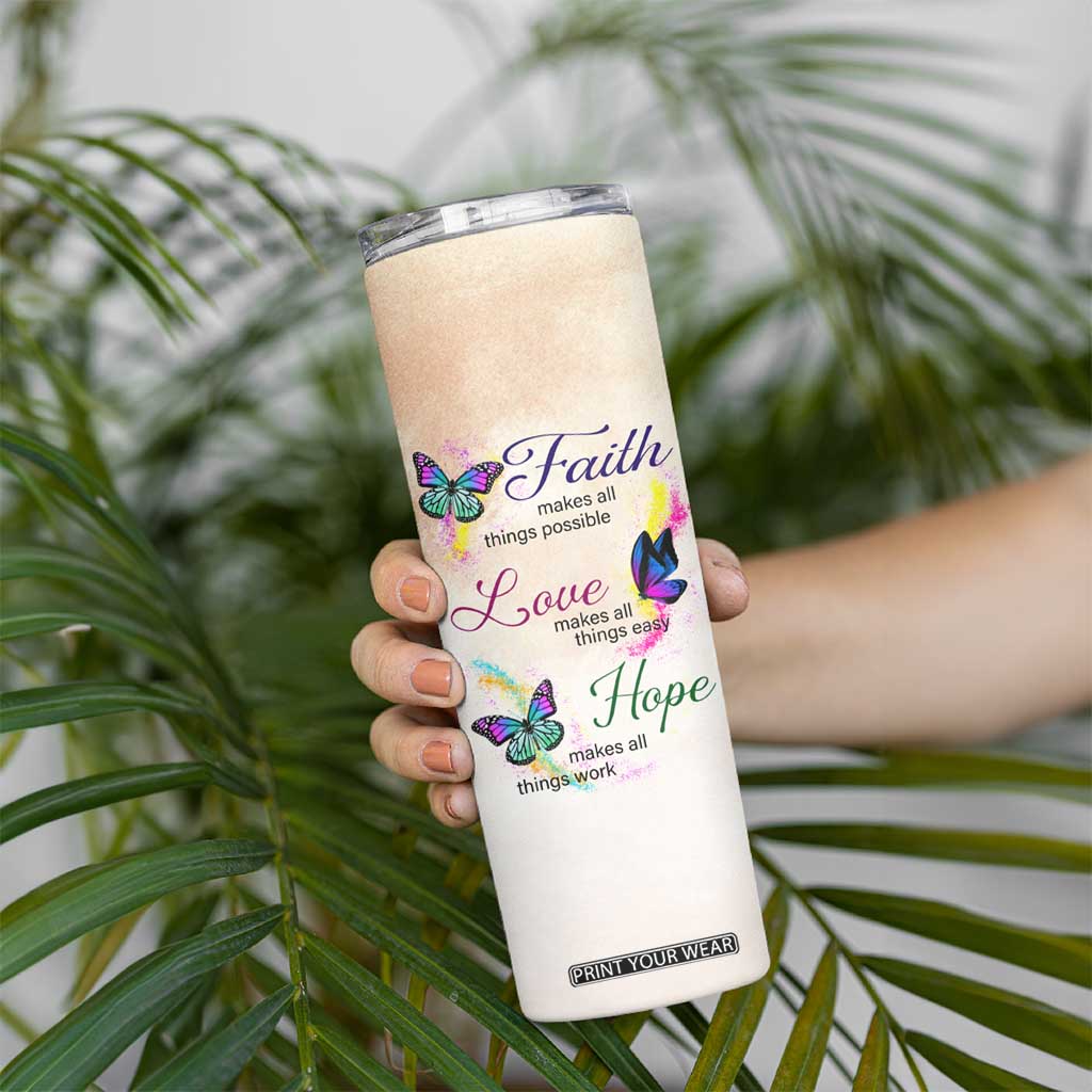 Personalized Butterfly Skinny Tumbler with Faith Theme and Uplifting Quote TS04 Print Your Wear