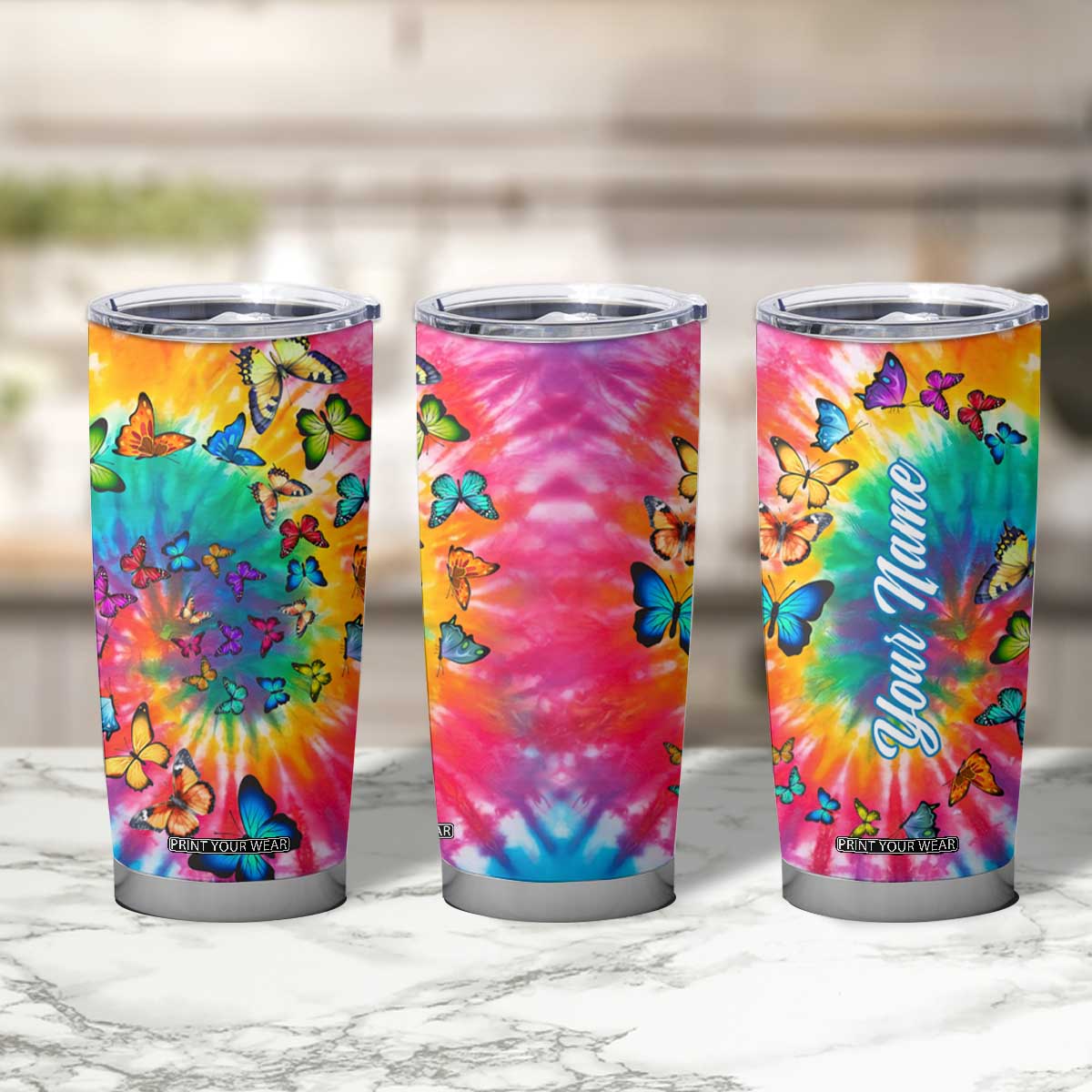 Personalized Butterfly Tumbler Cup with Hippie Tie Dye Inspired Art TS04 Print Your Wear