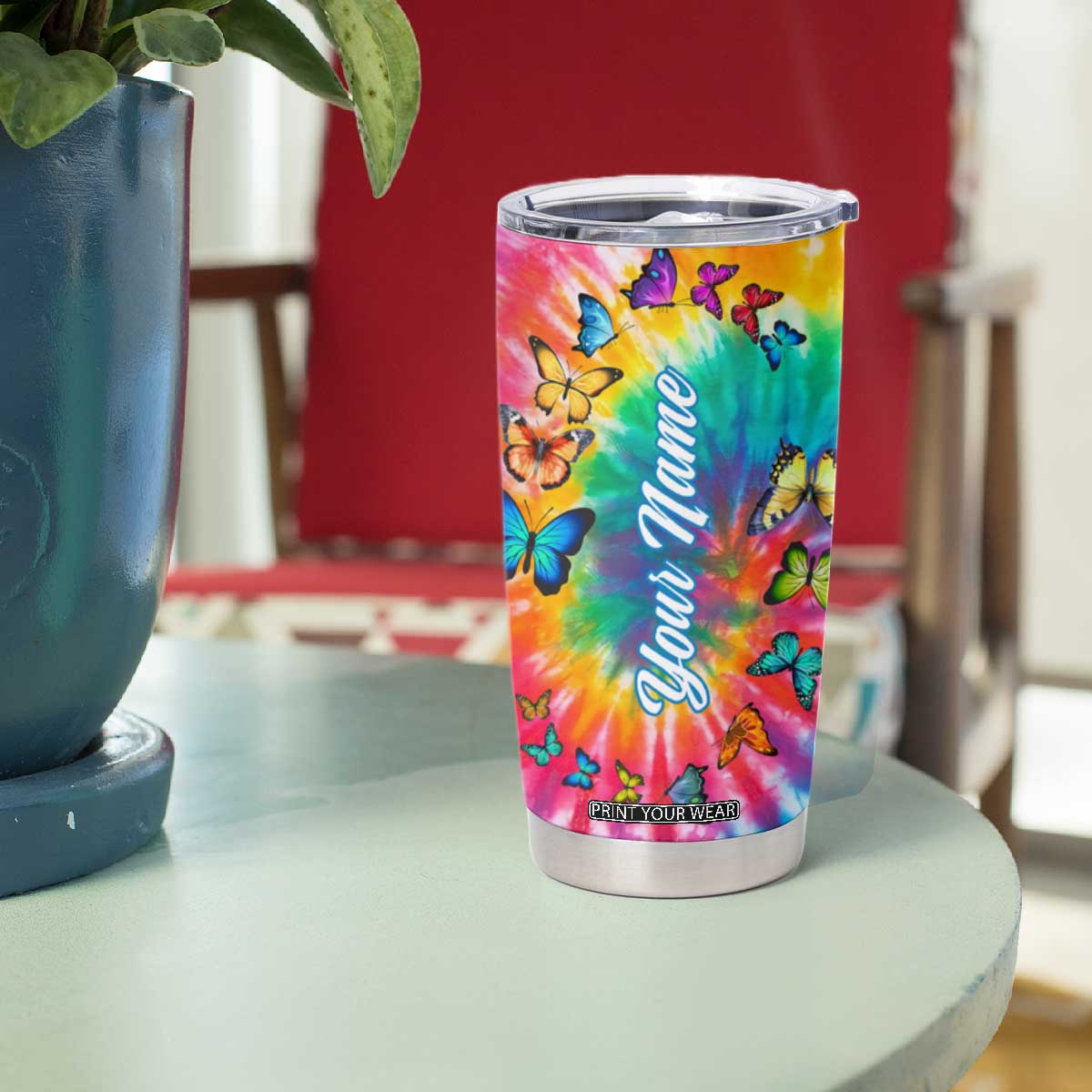 Personalized Butterfly Tumbler Cup with Hippie Tie Dye Inspired Art TS04 Print Your Wear