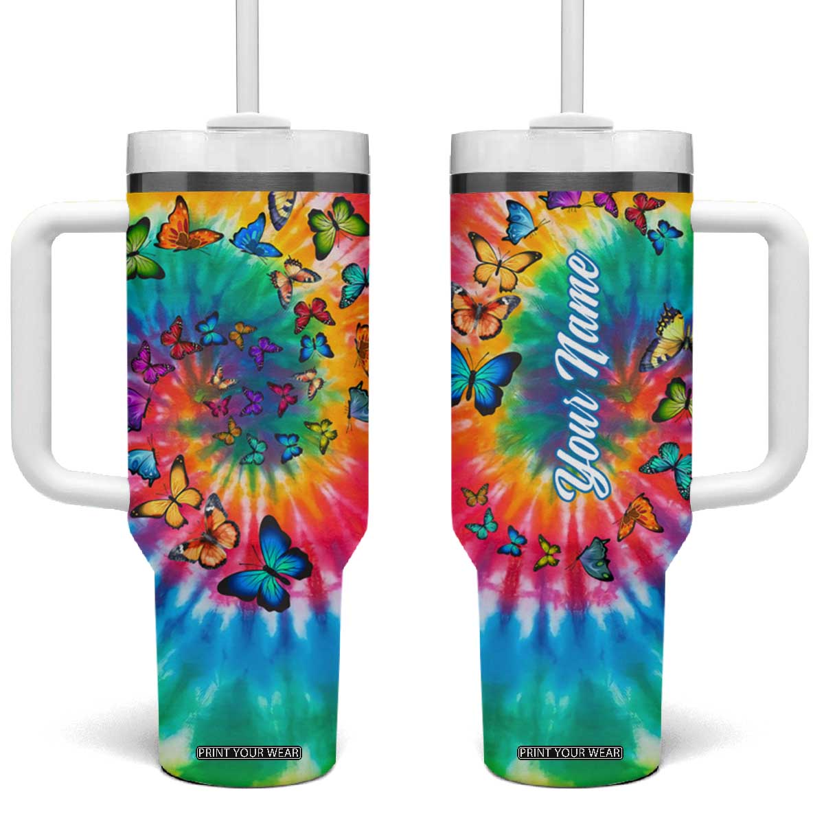 Personalized Butterfly Tumbler With Handle with Hippie Tie Dye Inspired Art TS04 One Size: 40 oz Multicolor Print Your Wear