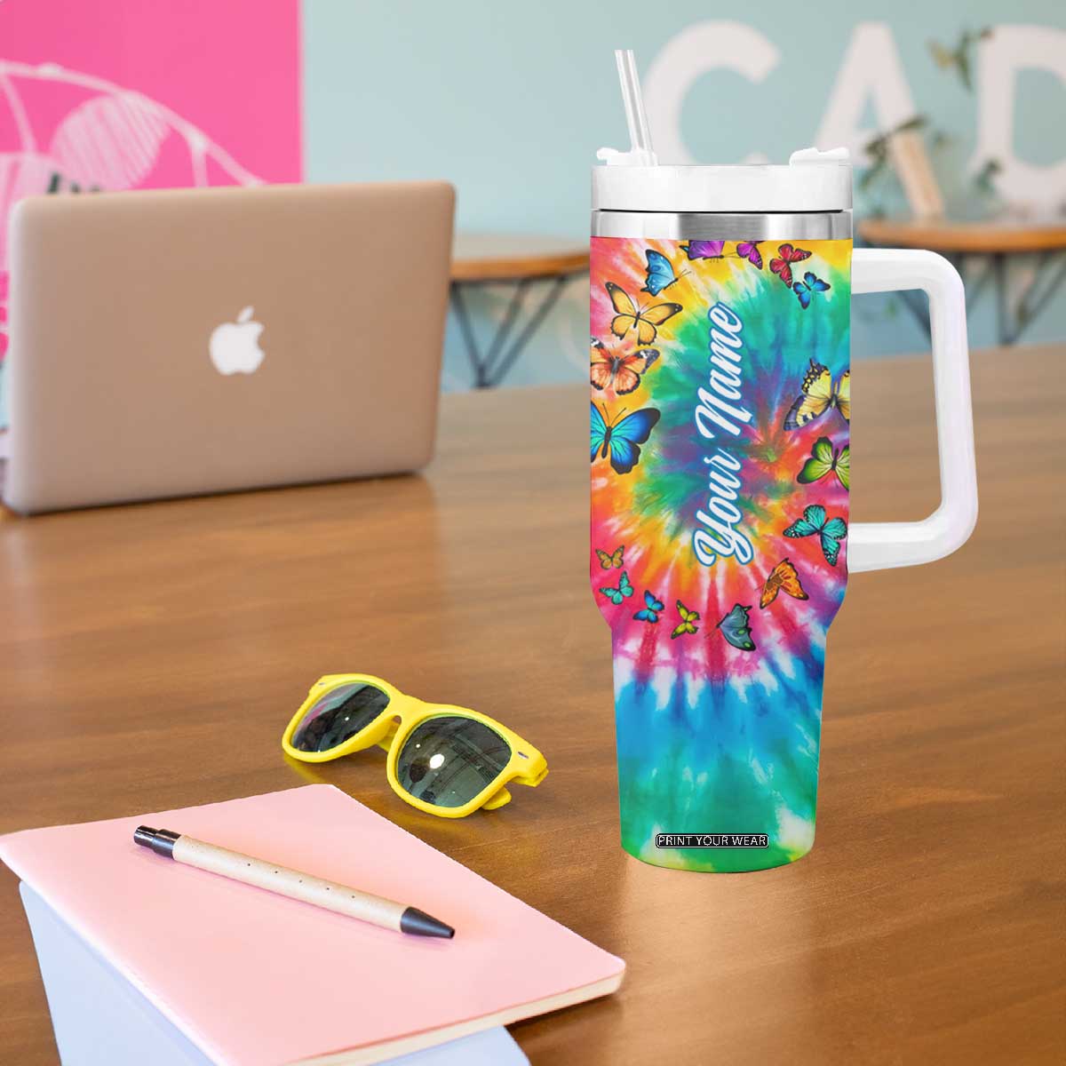 Personalized Butterfly Tumbler With Handle with Hippie Tie Dye Inspired Art TS04 Print Your Wear