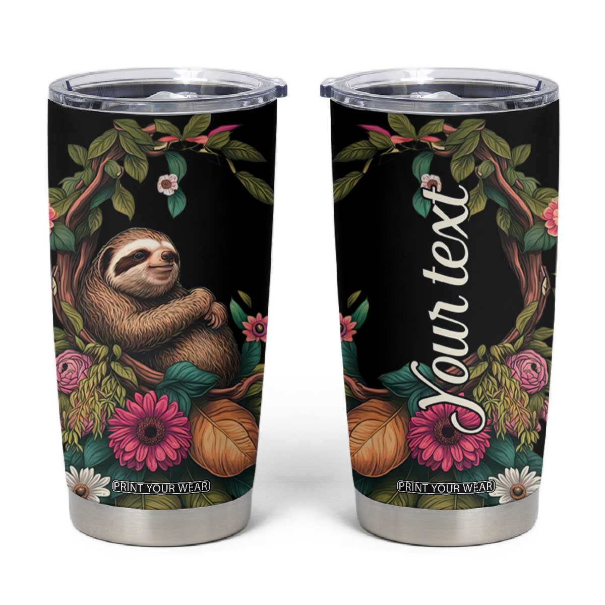 Personalized Colorful Floral Sloth Tumbler Cup with Artistic Design TS04 Black Print Your Wear