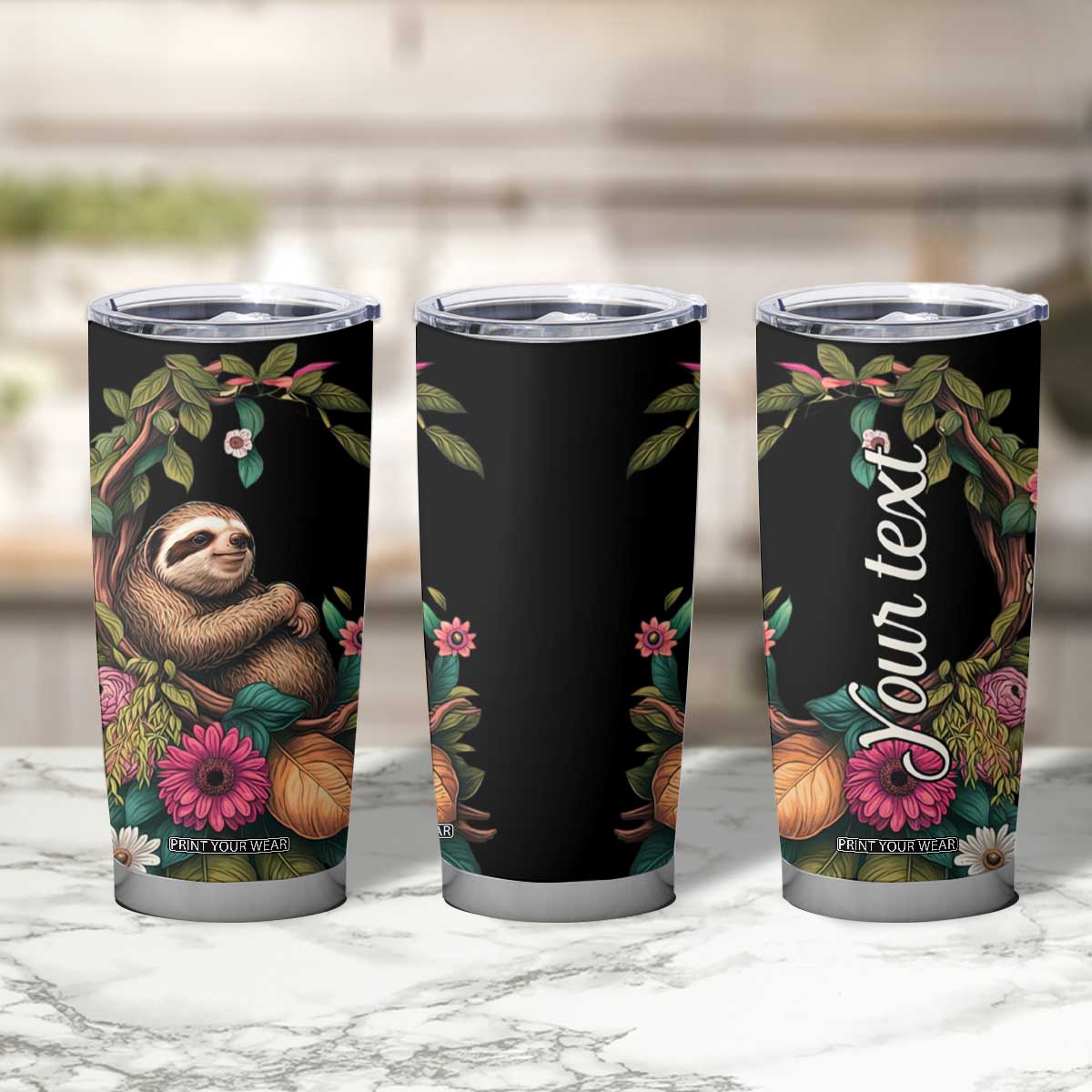Personalized Colorful Floral Sloth Tumbler Cup with Artistic Design TS04 Print Your Wear