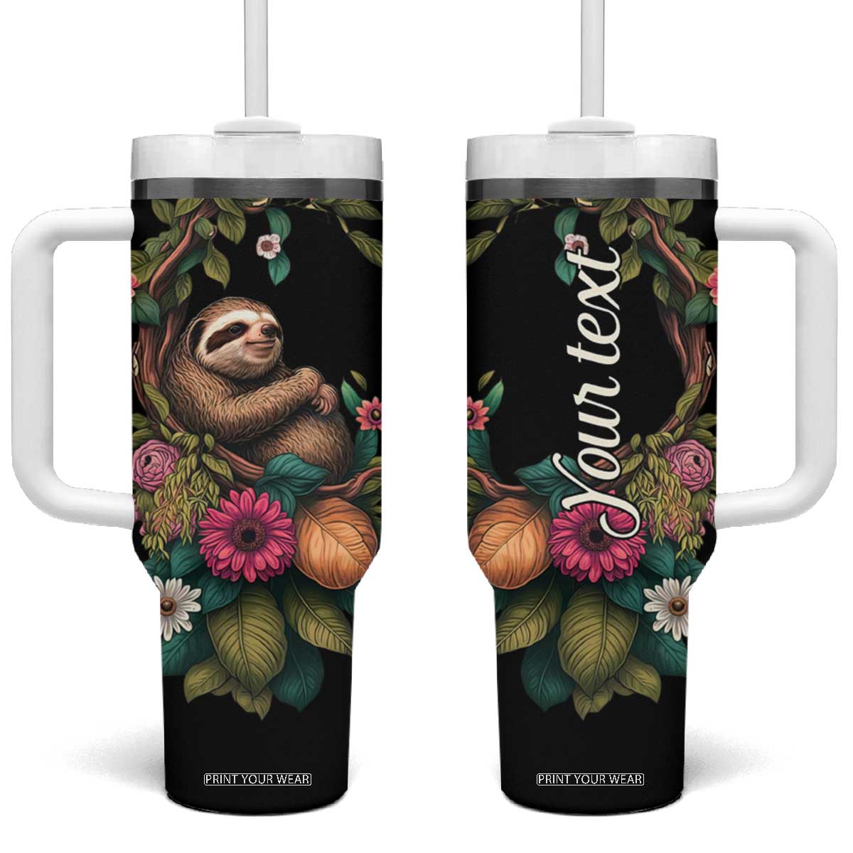 Personalized Colorful Floral Sloth Tumbler With Handle with Artistic Design TS04 One Size: 40 oz Black Print Your Wear