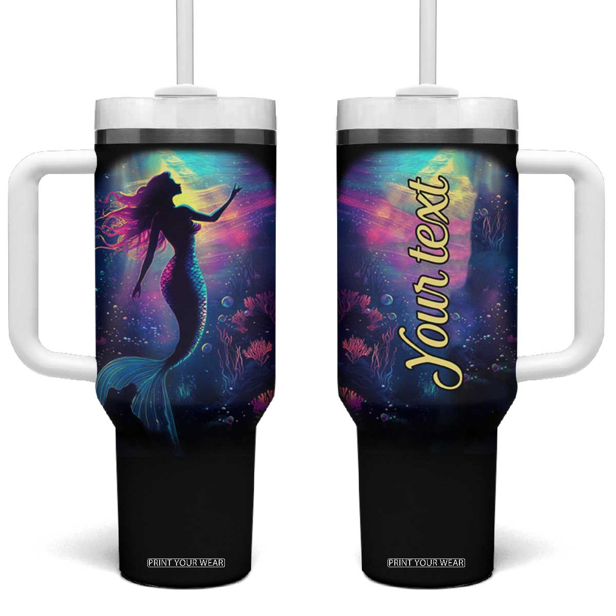 Personalized Colorful Mermaid Tumbler With Handle with Vibrant Art Style TS04 One Size: 40 oz Multicolor Print Your Wear