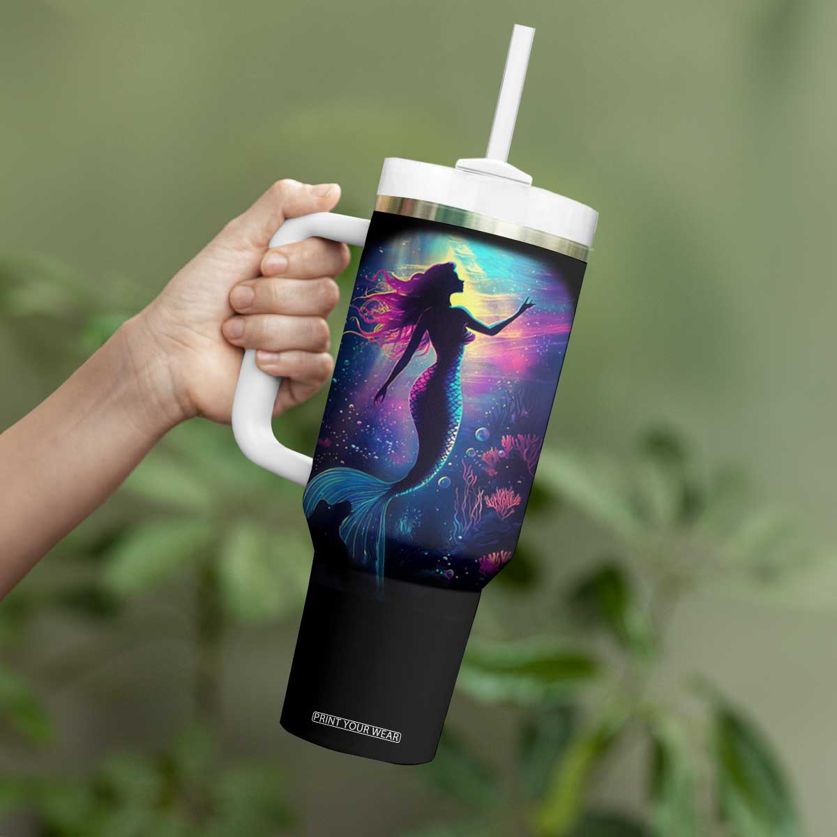 Personalized Colorful Mermaid Tumbler With Handle with Vibrant Art Style TS04 Print Your Wear