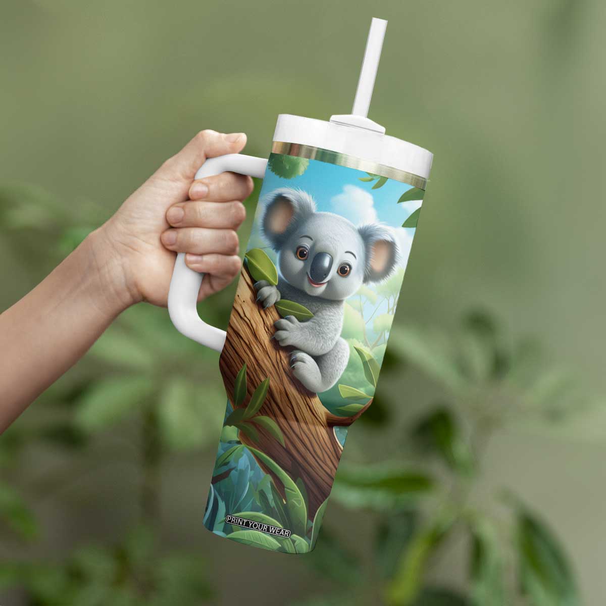 Personalized Cute Koala Tumbler With Handle with Playful Animal Illustration TS04 Print Your Wear