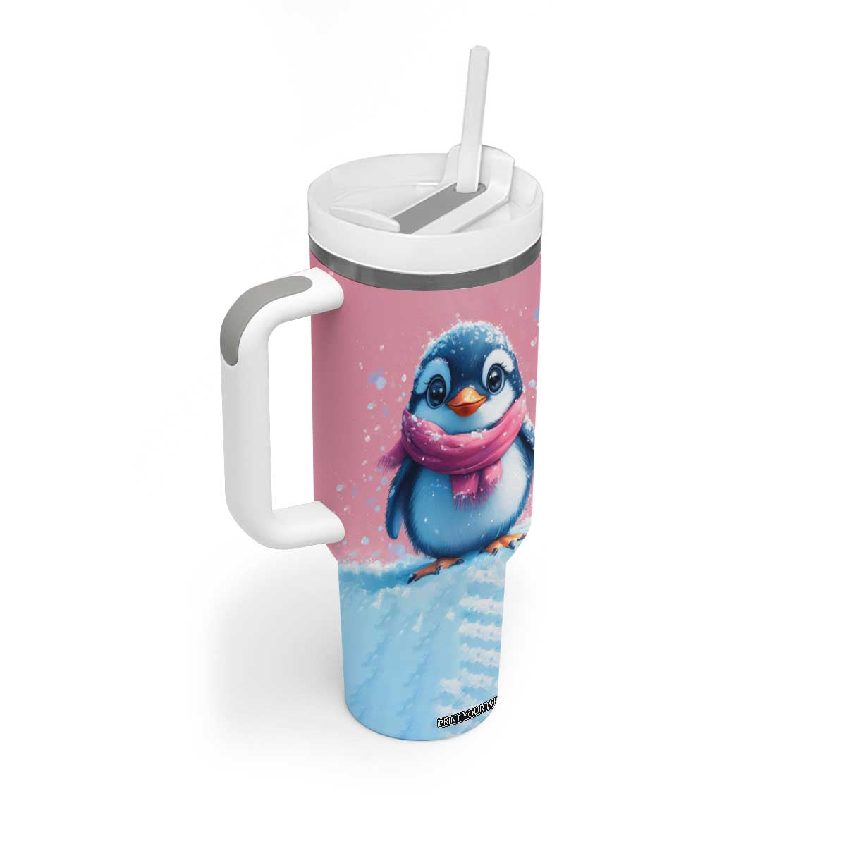 Personalized Cute Penguin Tumbler With Handle in Snowy Winter Scene TS04 Print Your Wear