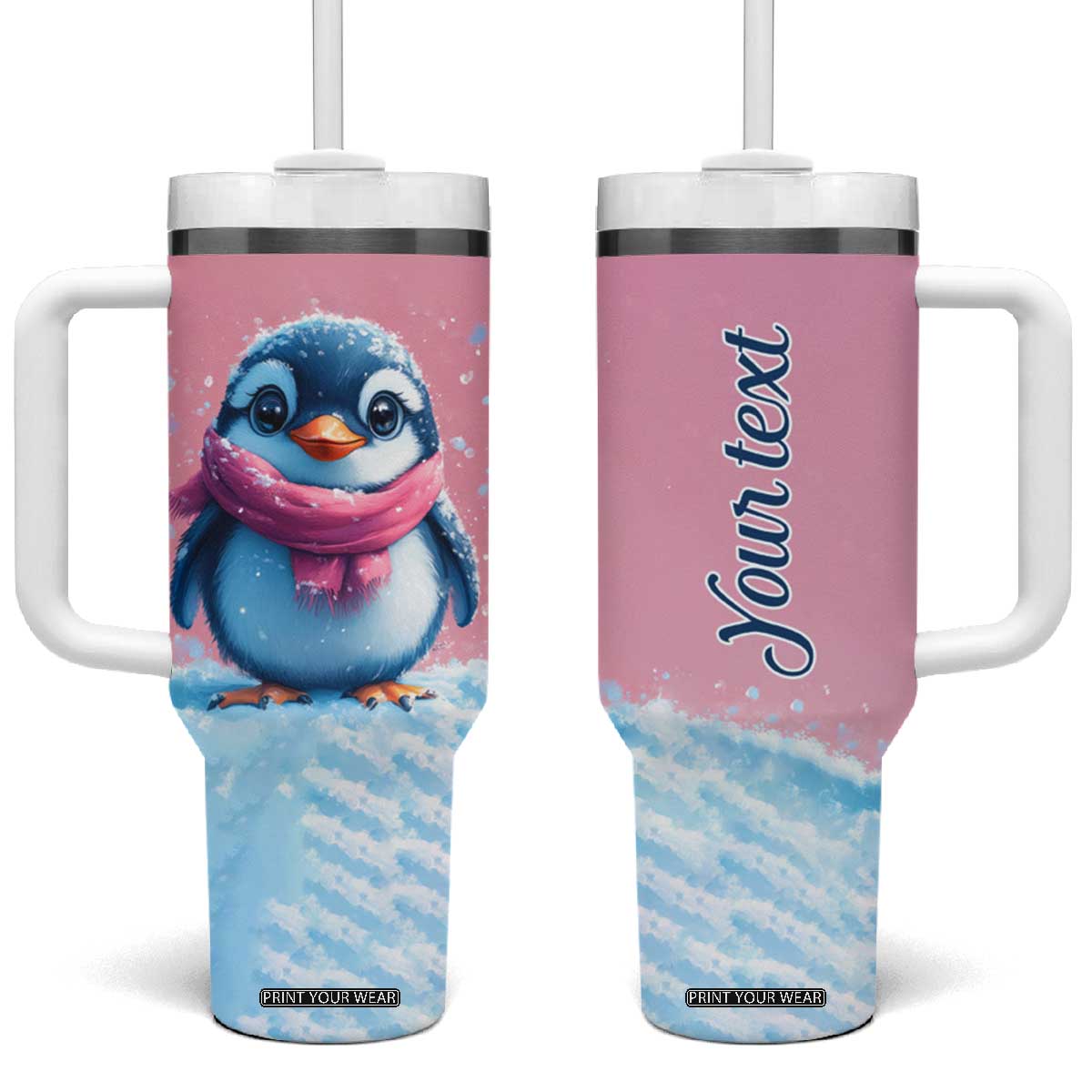 Personalized Cute Penguin Tumbler With Handle in Snowy Winter Scene TS04 One Size: 40 oz Multicolor Print Your Wear