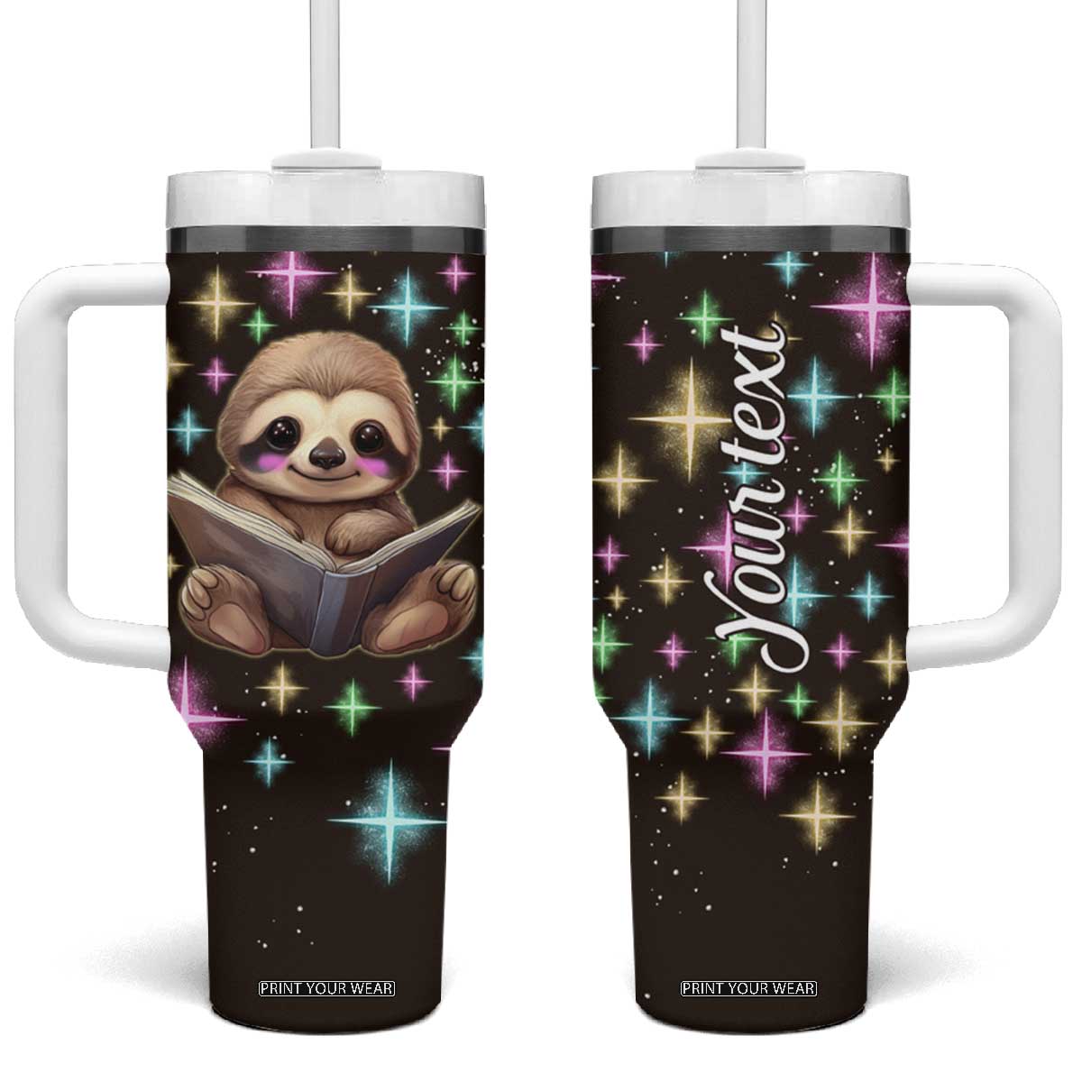 Personalized Cute Sloth Tumbler With Handle Reading Books Illustration TS04 One Size: 40 oz Multicolor Print Your Wear