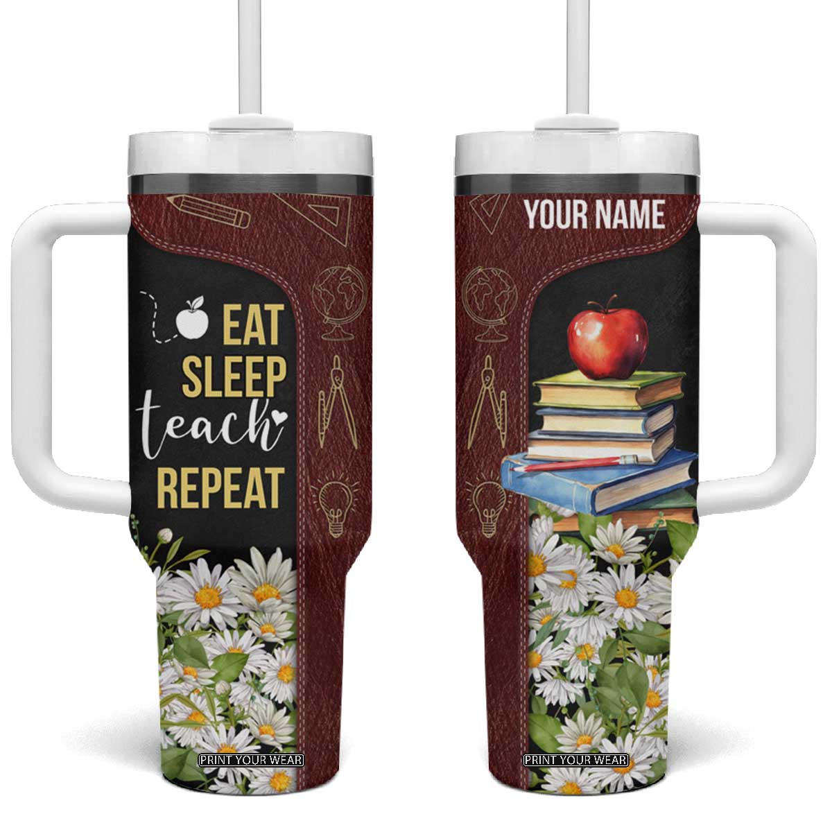 Personalized Eat Sleep Teach Tumbler With Handle Repeat Teacher Quote Design TS04 One Size: 40 oz Multicolor Print Your Wear