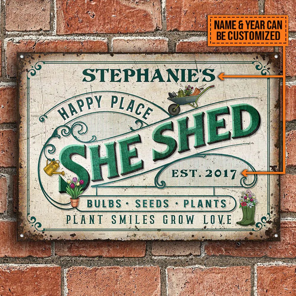 Personalized Metal Sign Garden She Shed Plant Smiles Grow Love CTM00 One Size 24x18 inch (60.96x45.72 cm) Custom - Printyourwear
