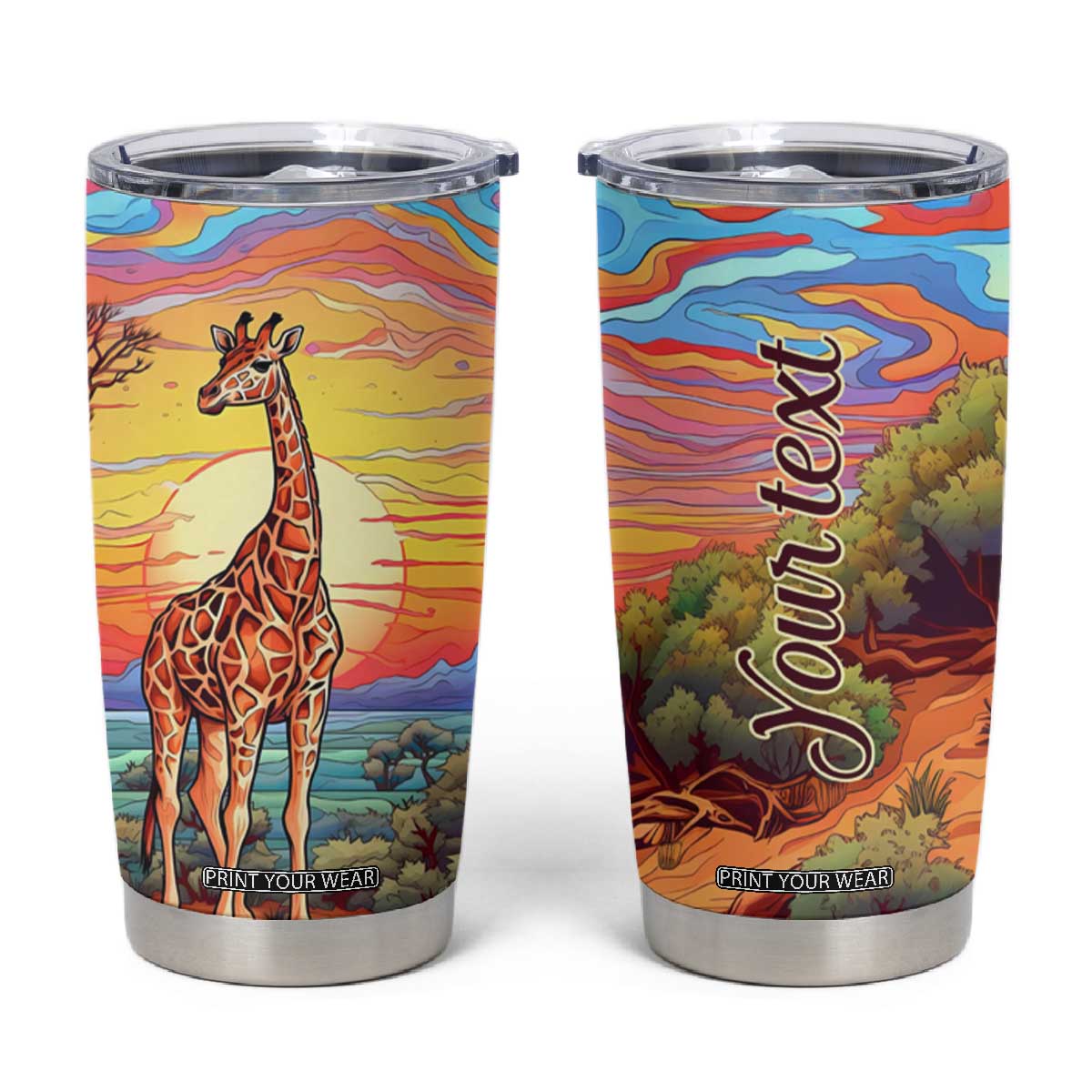 Personalized Giraffe Tumbler Cup with Colorful Sunset Background TS04 Multicolor Print Your Wear