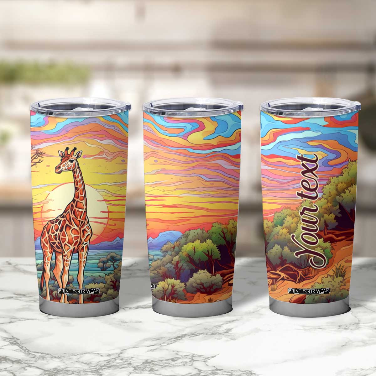 Personalized Giraffe Tumbler Cup with Colorful Sunset Background TS04 Print Your Wear