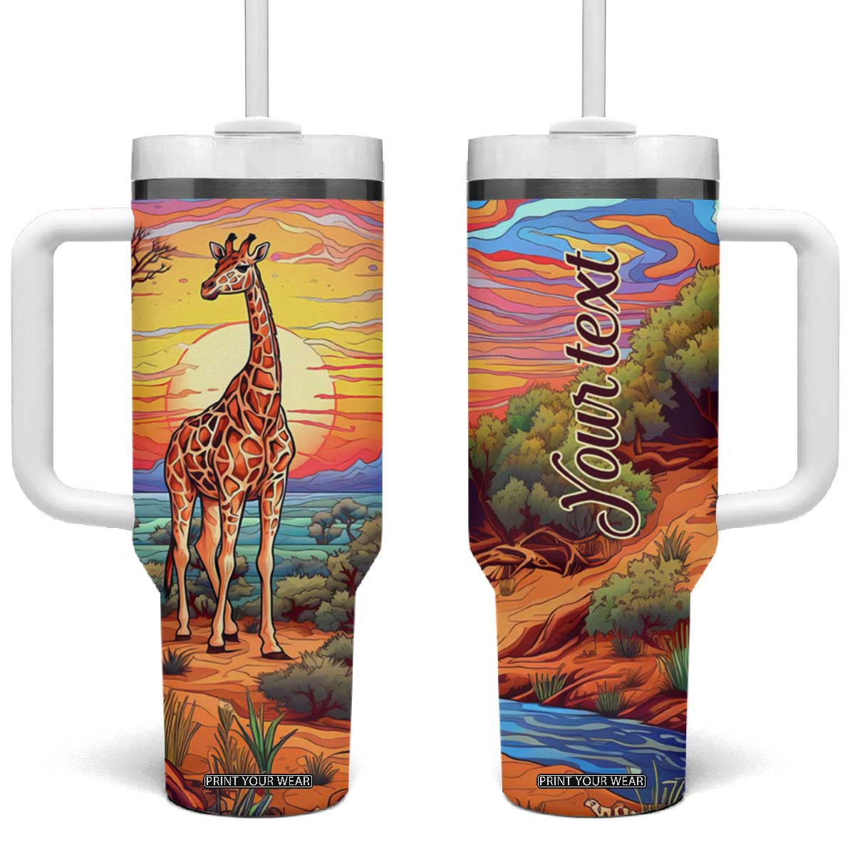 Personalized Giraffe Tumbler With Handle with Colorful Sunset Background TS04 One Size: 40 oz Multicolor Print Your Wear