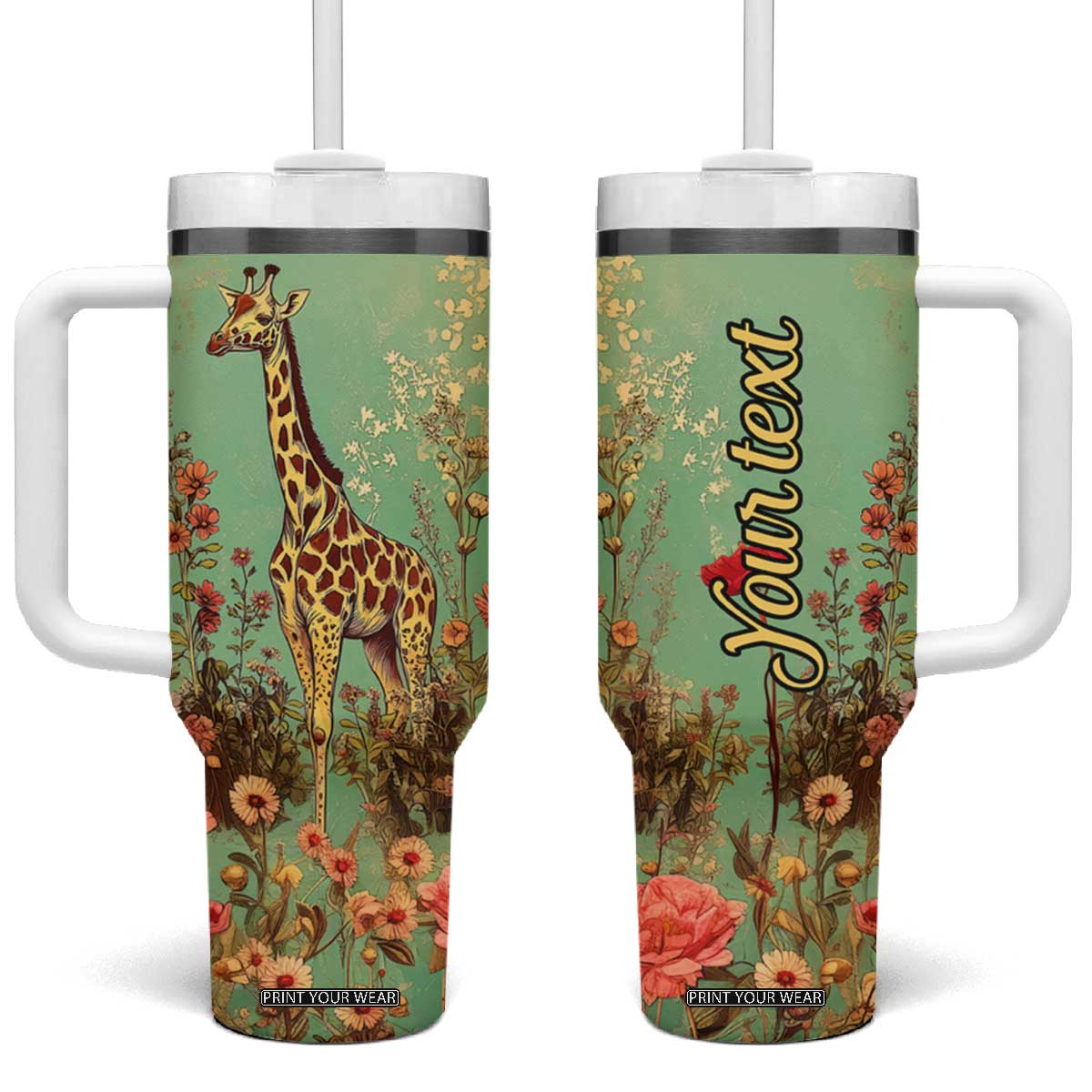 Personalized Giraffe Tumbler With Handle with Retro Style Illustration TS04 One Size: 40 oz Multicolor Print Your Wear