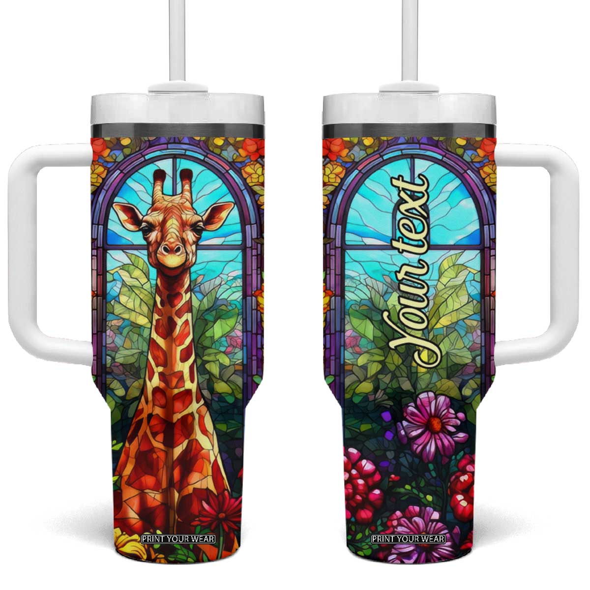 Personalized Giraffe Tumbler With Handle with Stained Glass Style Art TS04 One Size: 40 oz Multicolor Print Your Wear