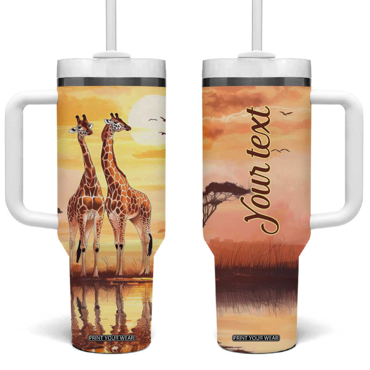 Personalized Giraffe Tumbler With Handle with Sunset in Savanna Landscape TS04 One Size: 40 oz Multicolor Print Your Wear