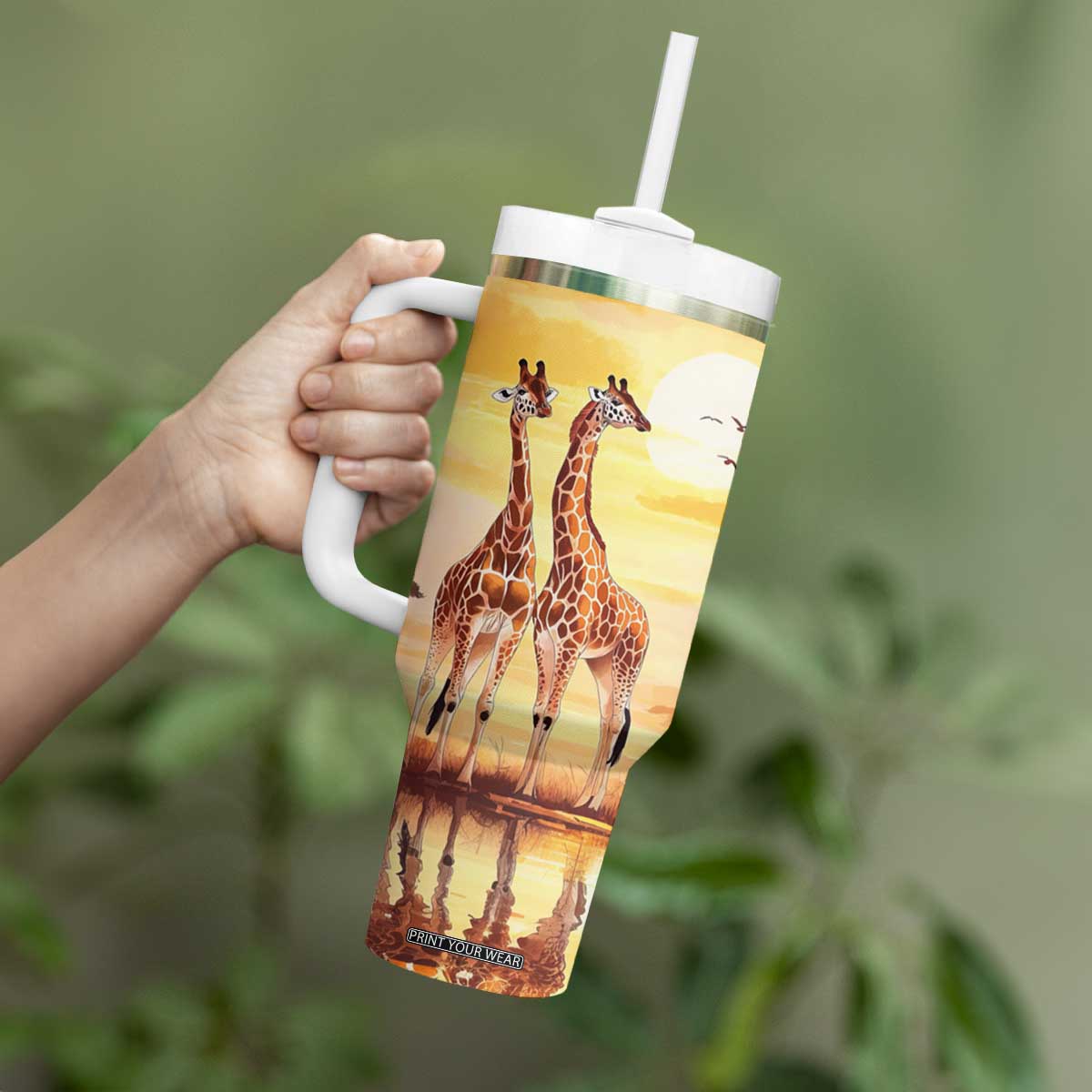 Personalized Giraffe Tumbler With Handle with Sunset in Savanna Landscape TS04 Print Your Wear