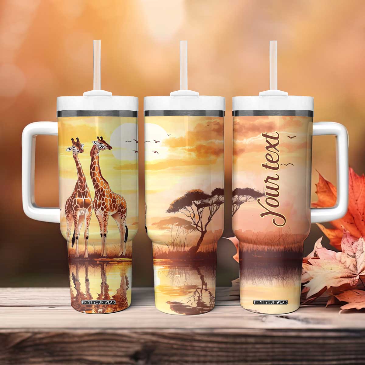 Personalized Giraffe Tumbler With Handle with Sunset in Savanna Landscape TS04 Print Your Wear