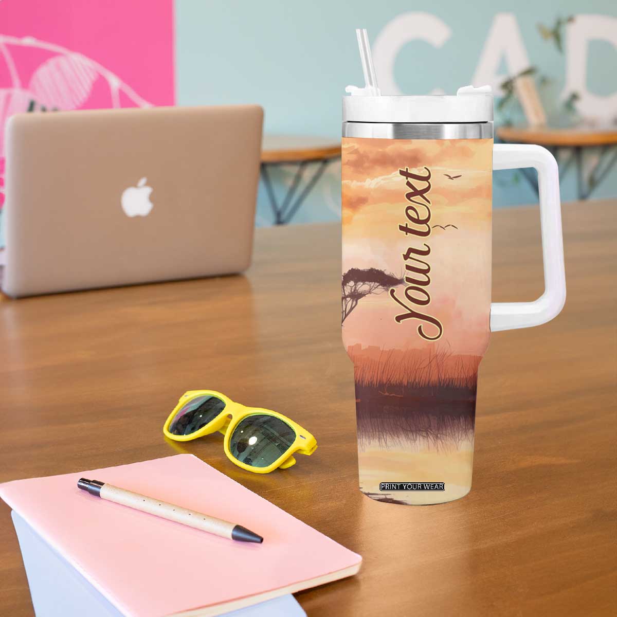 Personalized Giraffe Tumbler With Handle with Sunset in Savanna Landscape TS04 Print Your Wear