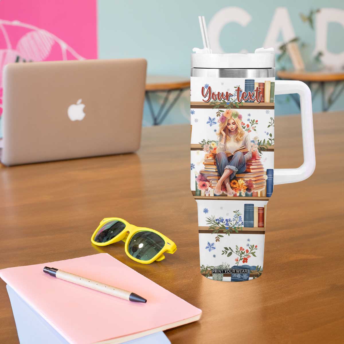 Personalized Girl Tumbler With Handle with Books and Just One More Chapter Quote TS04 Print Your Wear