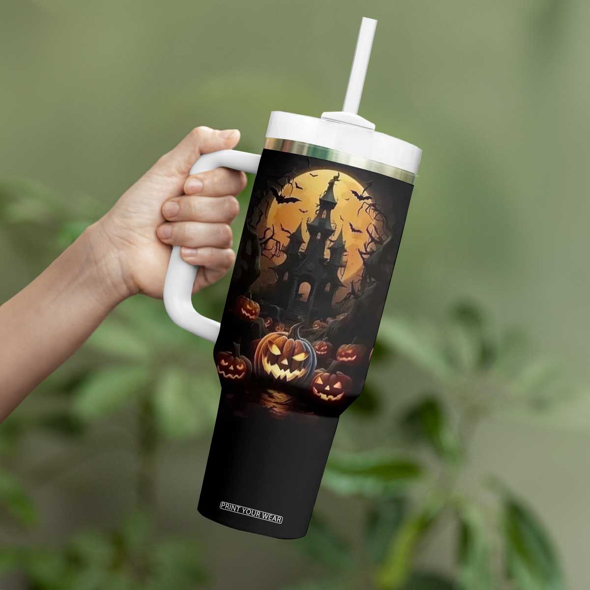 Personalized Halloween Pumpkin Tumbler With Handle with Autumn Elements TS04 Print Your Wear