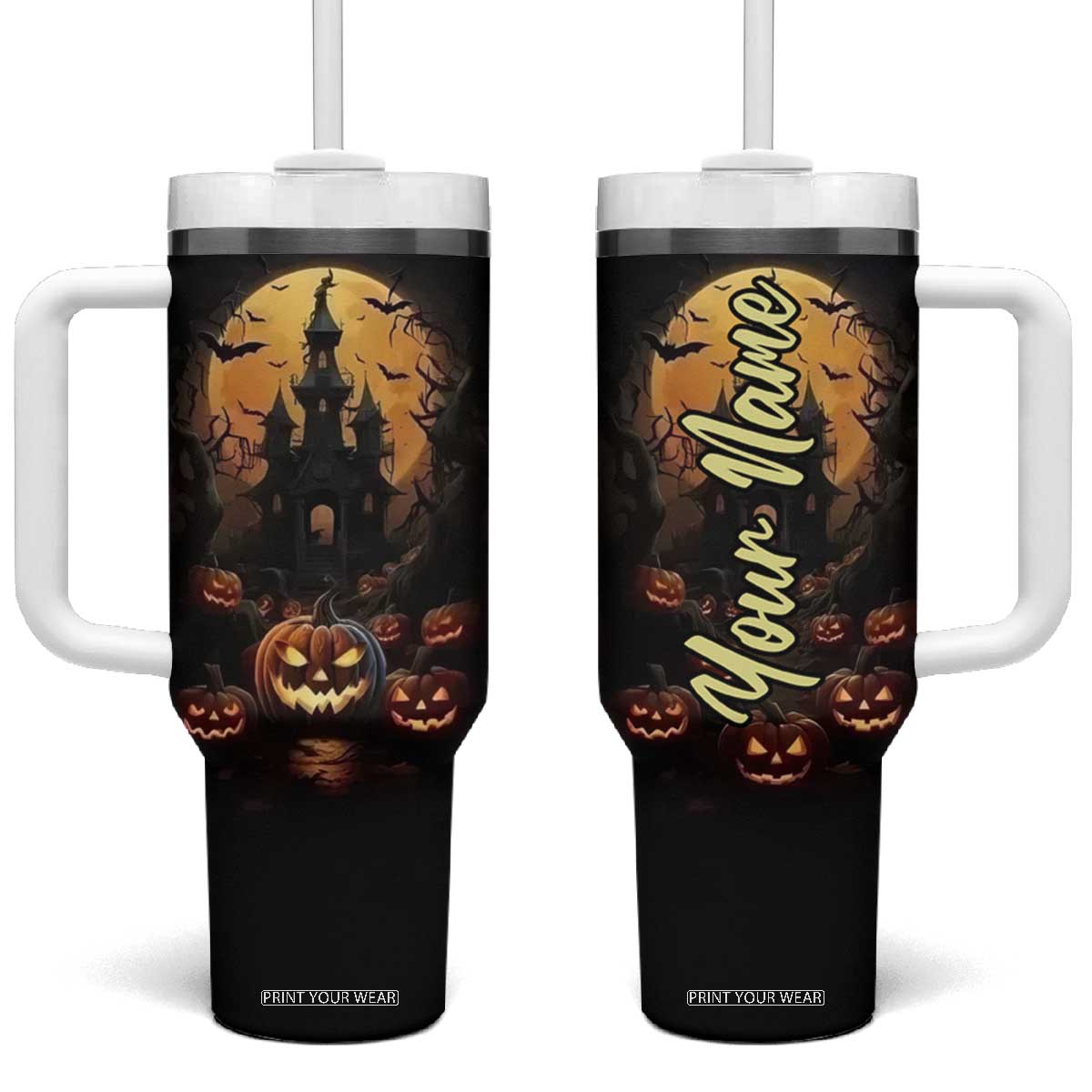 Personalized Halloween Pumpkin Tumbler With Handle with Autumn Elements TS04 One Size: 40 oz Multicolor Print Your Wear