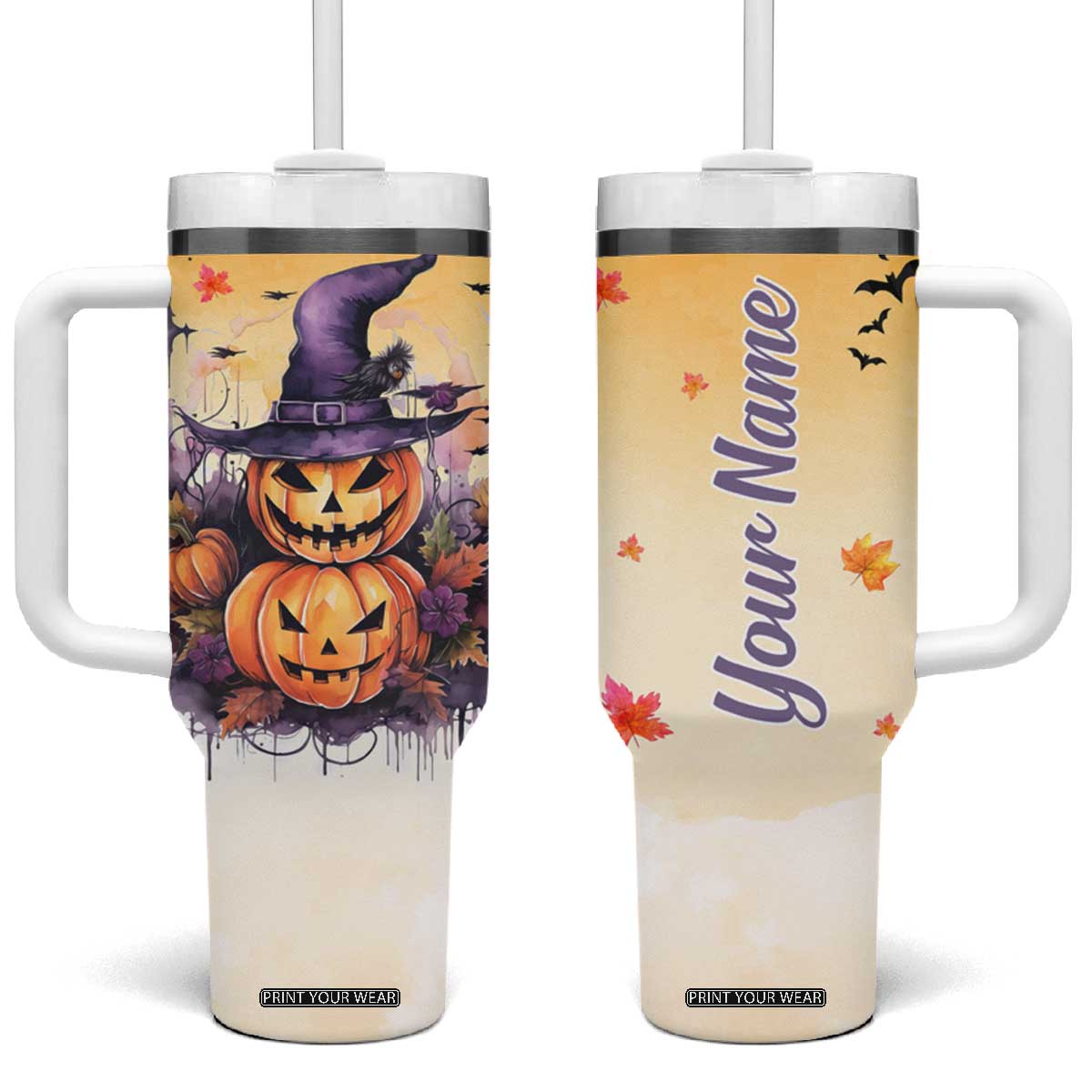 Personalized Halloween Pumpkin Tumbler With Handle with Autumn Harvest Design TS04 One Size: 40 oz Multicolor Print Your Wear