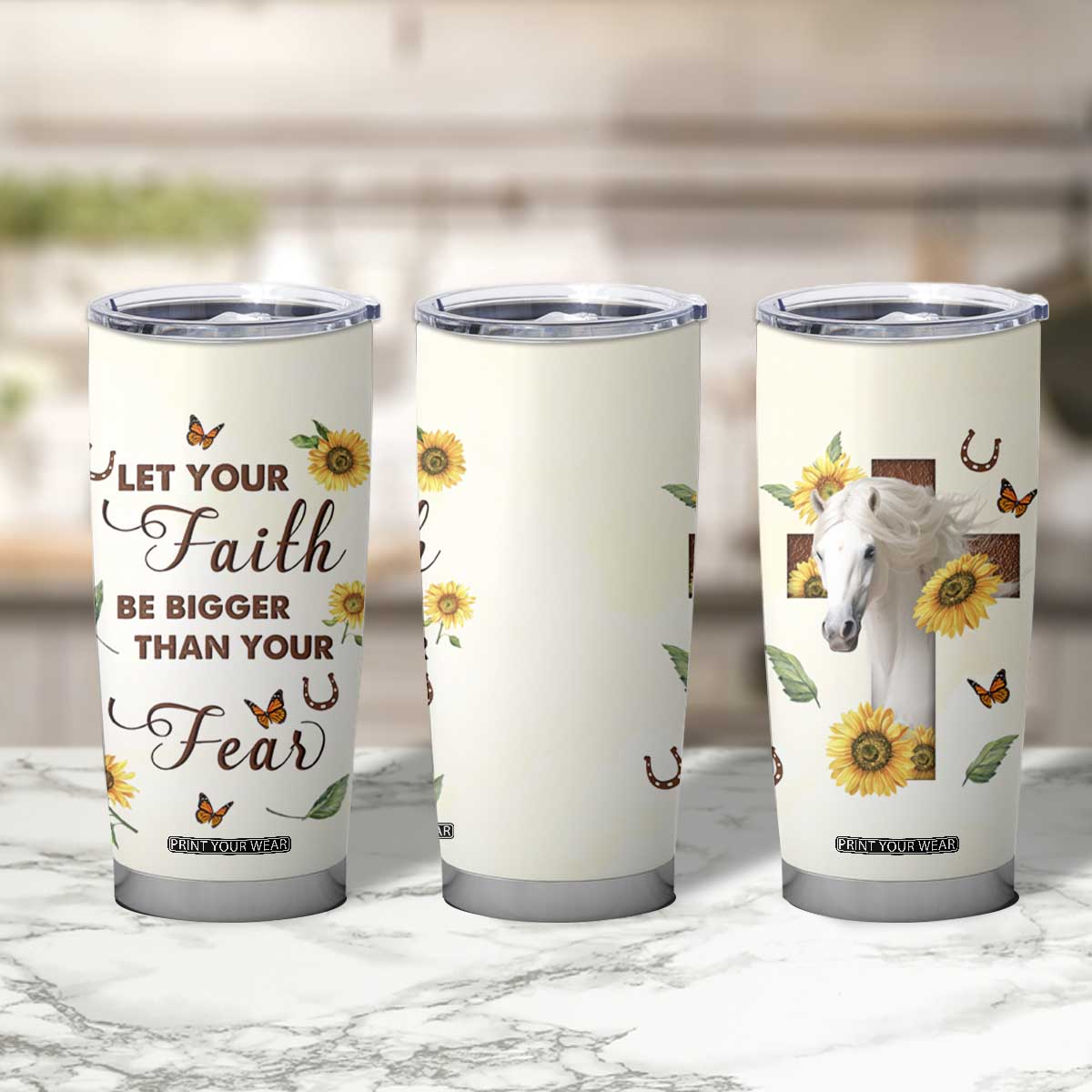 Personalized Horse Tumbler Cup Quote Let Your Faith Be Bigger Than Your Fear TS04 Print Your Wear