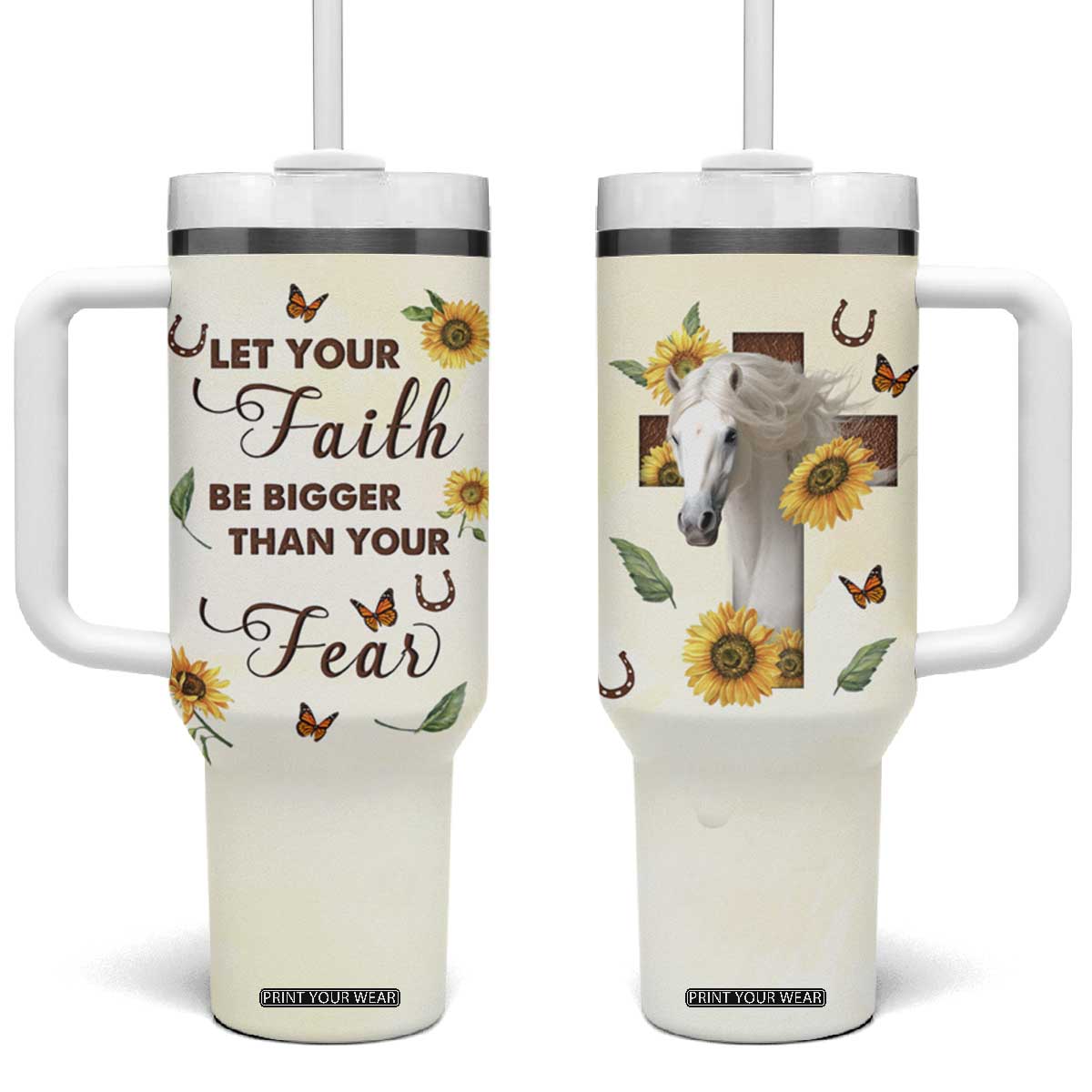 Personalized Horse Tumbler With Handle Quote Let Your Faith Be Bigger Than Your Fear TS04 One Size: 40 oz Multicolor Print Your Wear